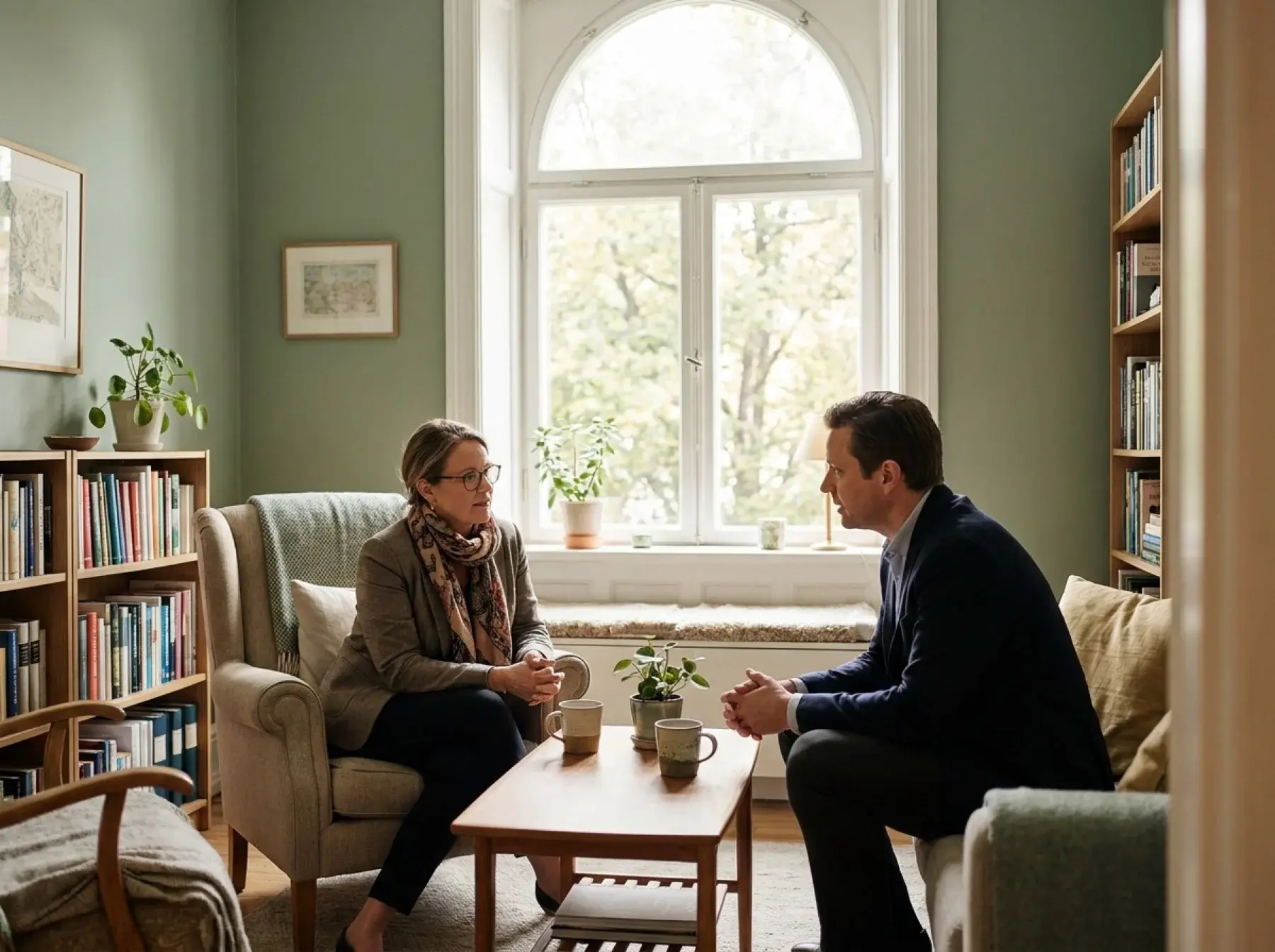 Psychologist and executive in a calm coaching conversation