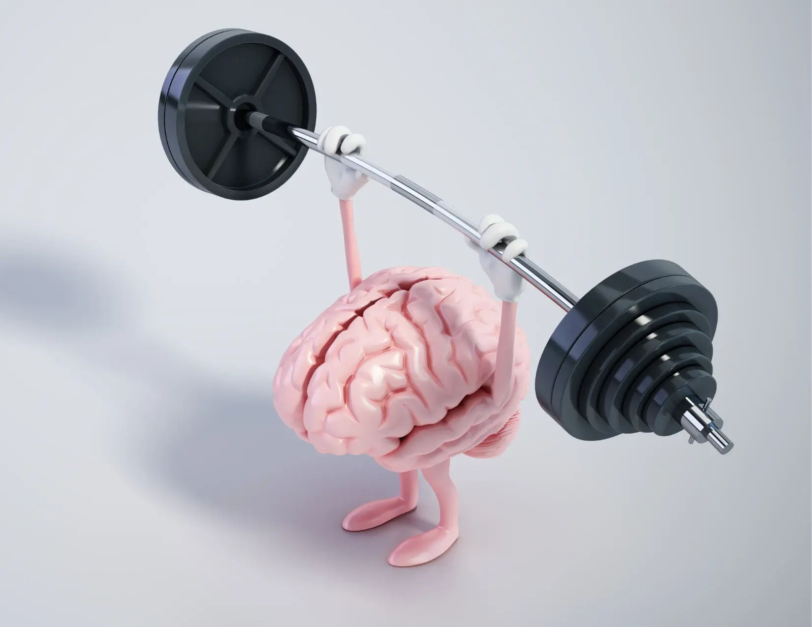 A cartoon brain with arms and legs is lifting a heavy barbell with both hands against a plain background.
