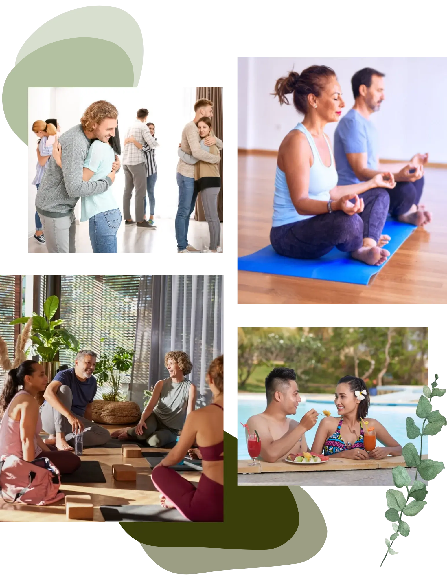 Collage of couples hugging, meditating together, sitting in a circle, and talking over a meal.