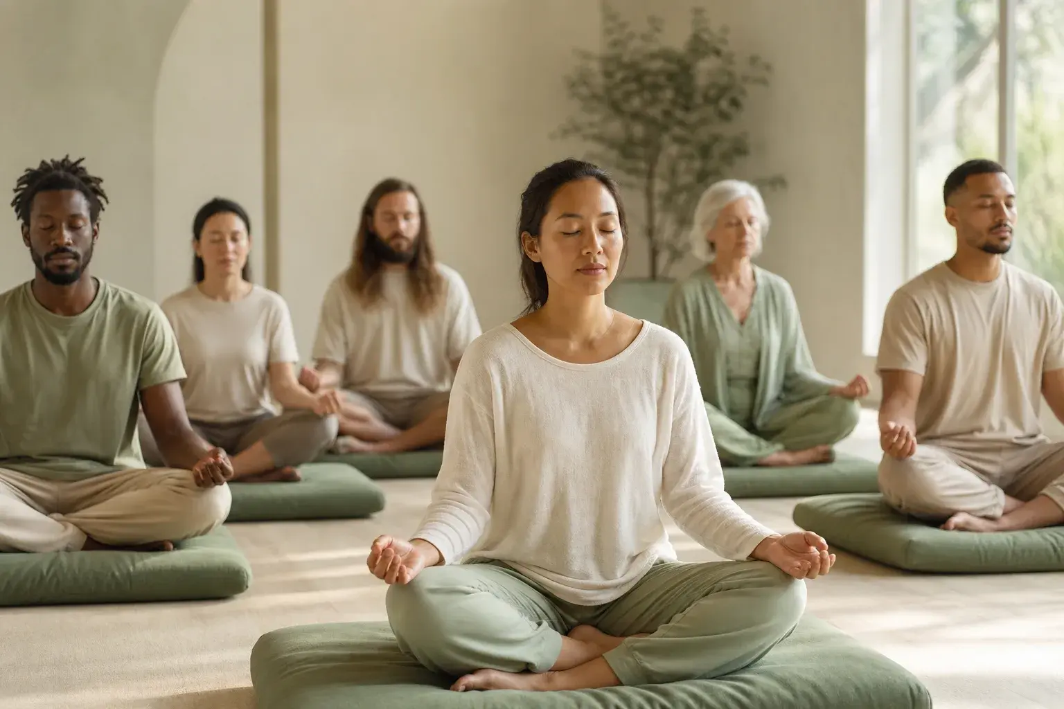 Group sitting in meditation during a mindfulness retreat.