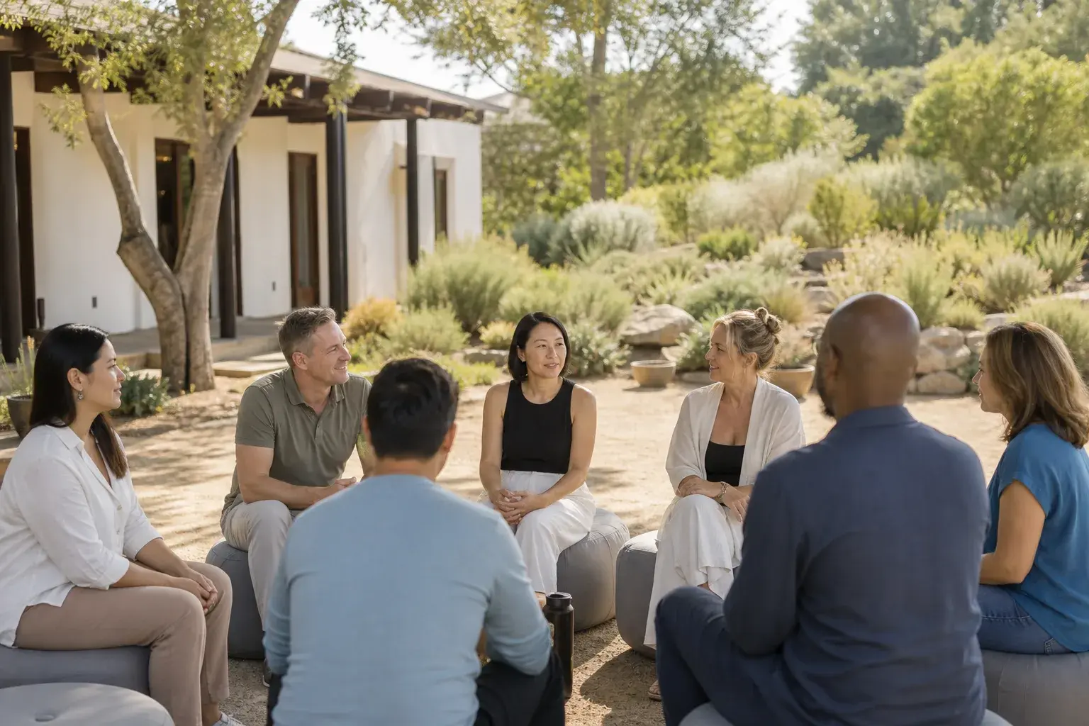Corporate team at a mindful leadership wellness retreat.