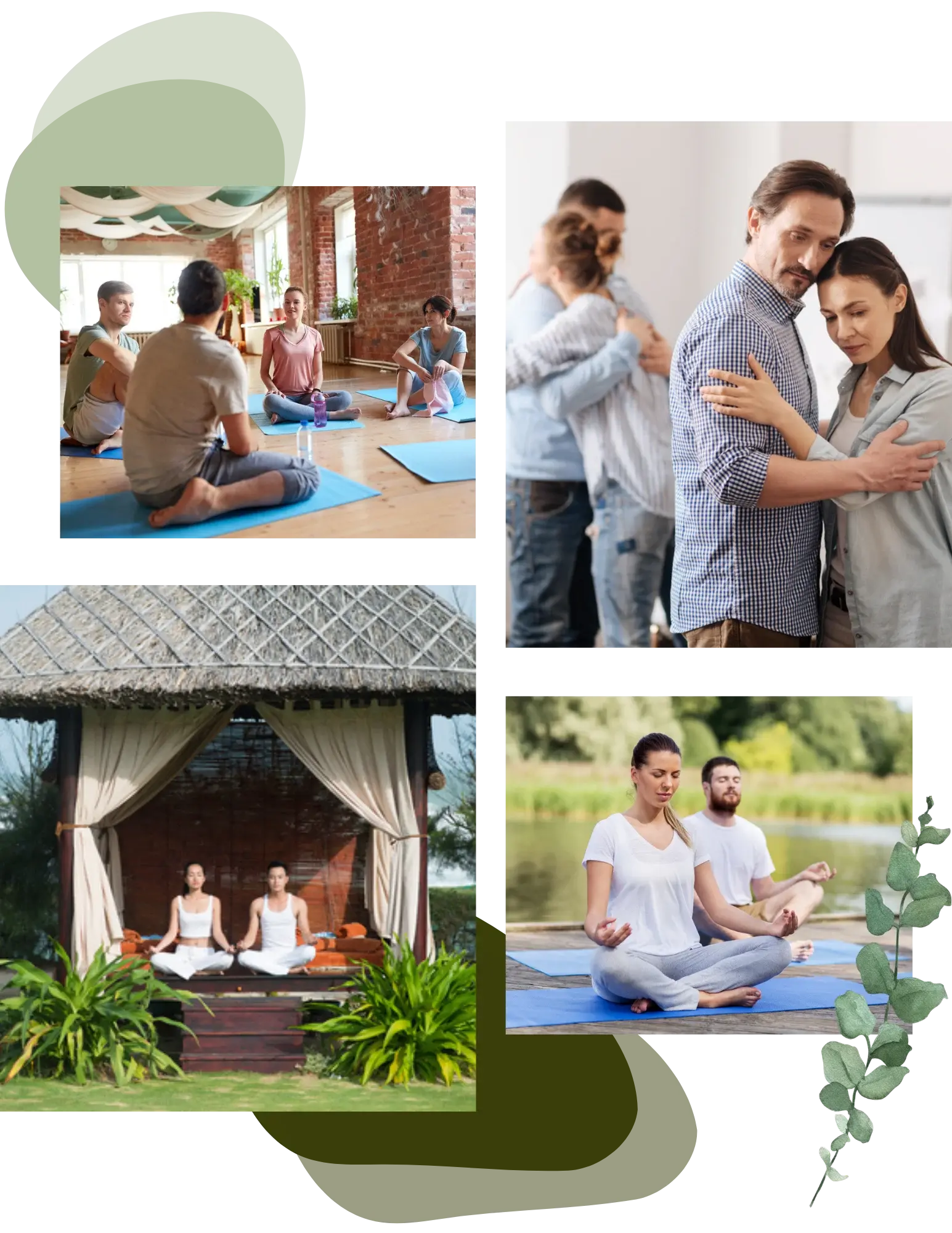 Collage of partners in a group session, a couple embracing, and two people meditating side by side.