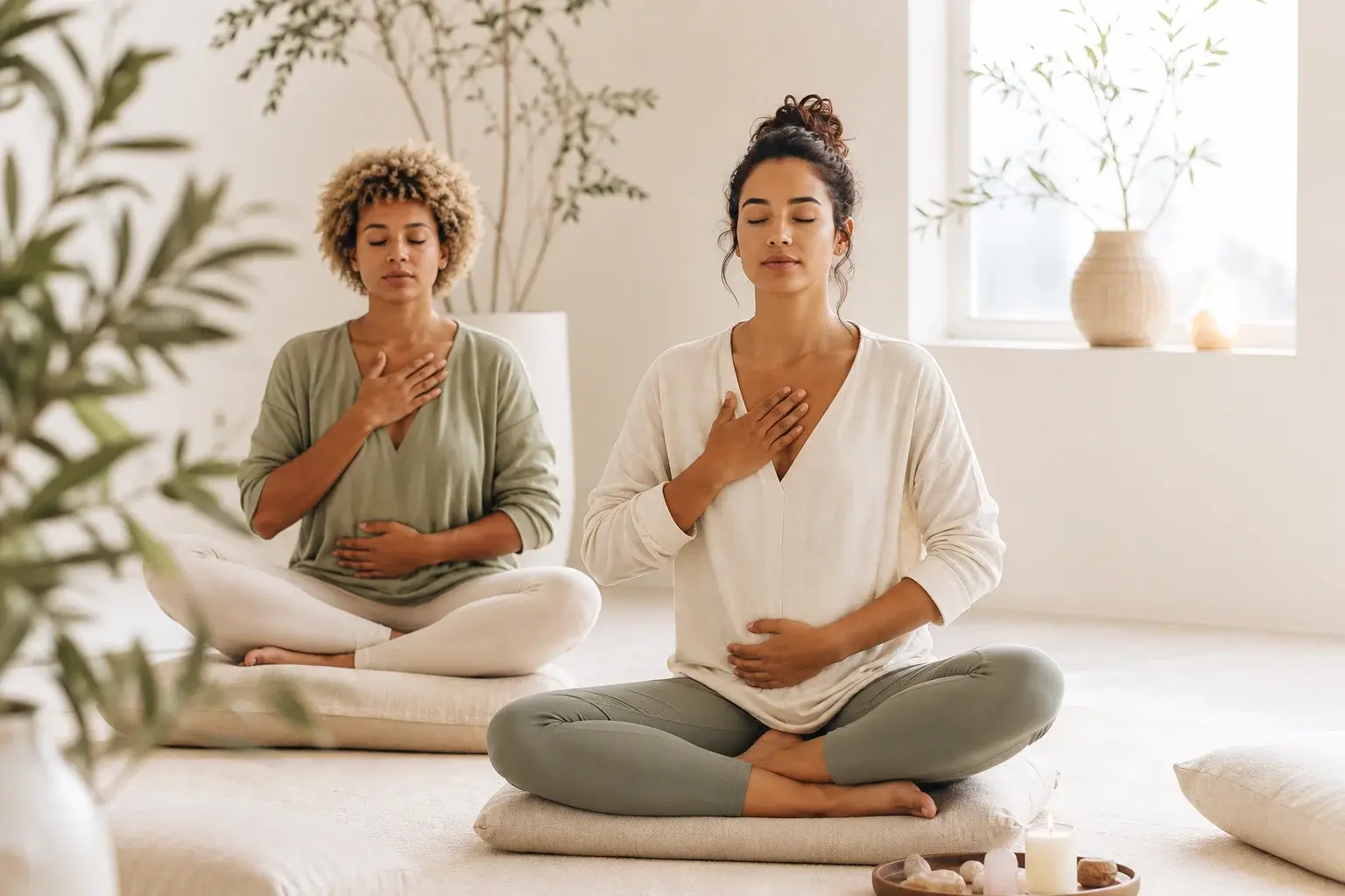 Women practicing mindfulness and meditation at a women's wellness retreat designed for emotional healing and personal growth