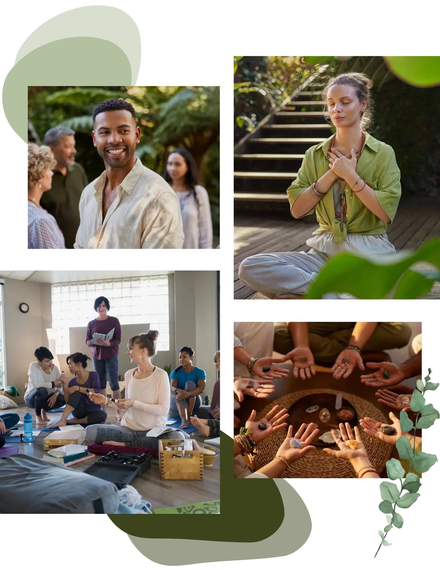 Collage of a group conversation, seated meditation, a guided circle, and hands held open during a sharing exercise.