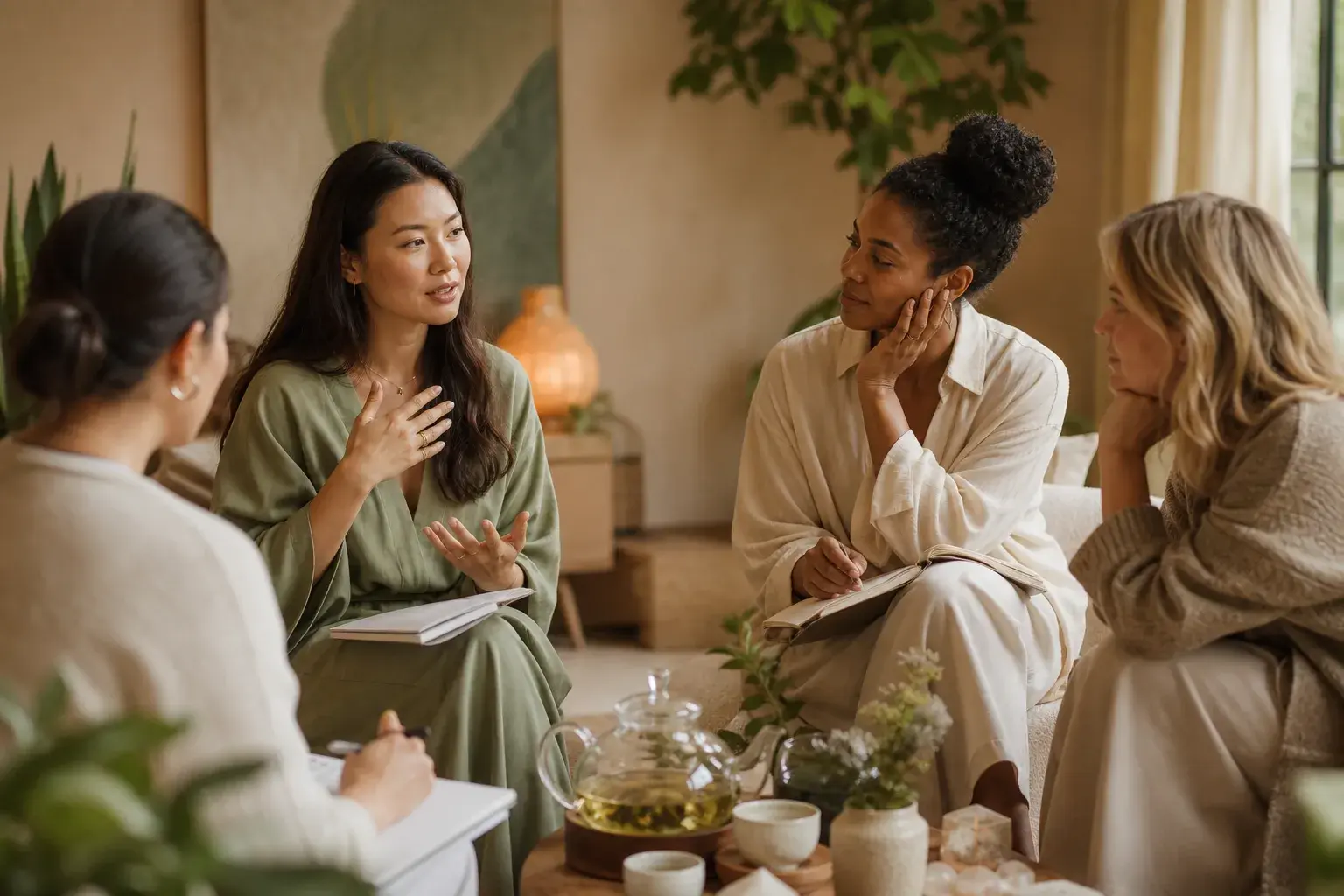 Women participating in group therapy and reflective workshops during a customized women's retreat focused on emotional wellness and empowerment