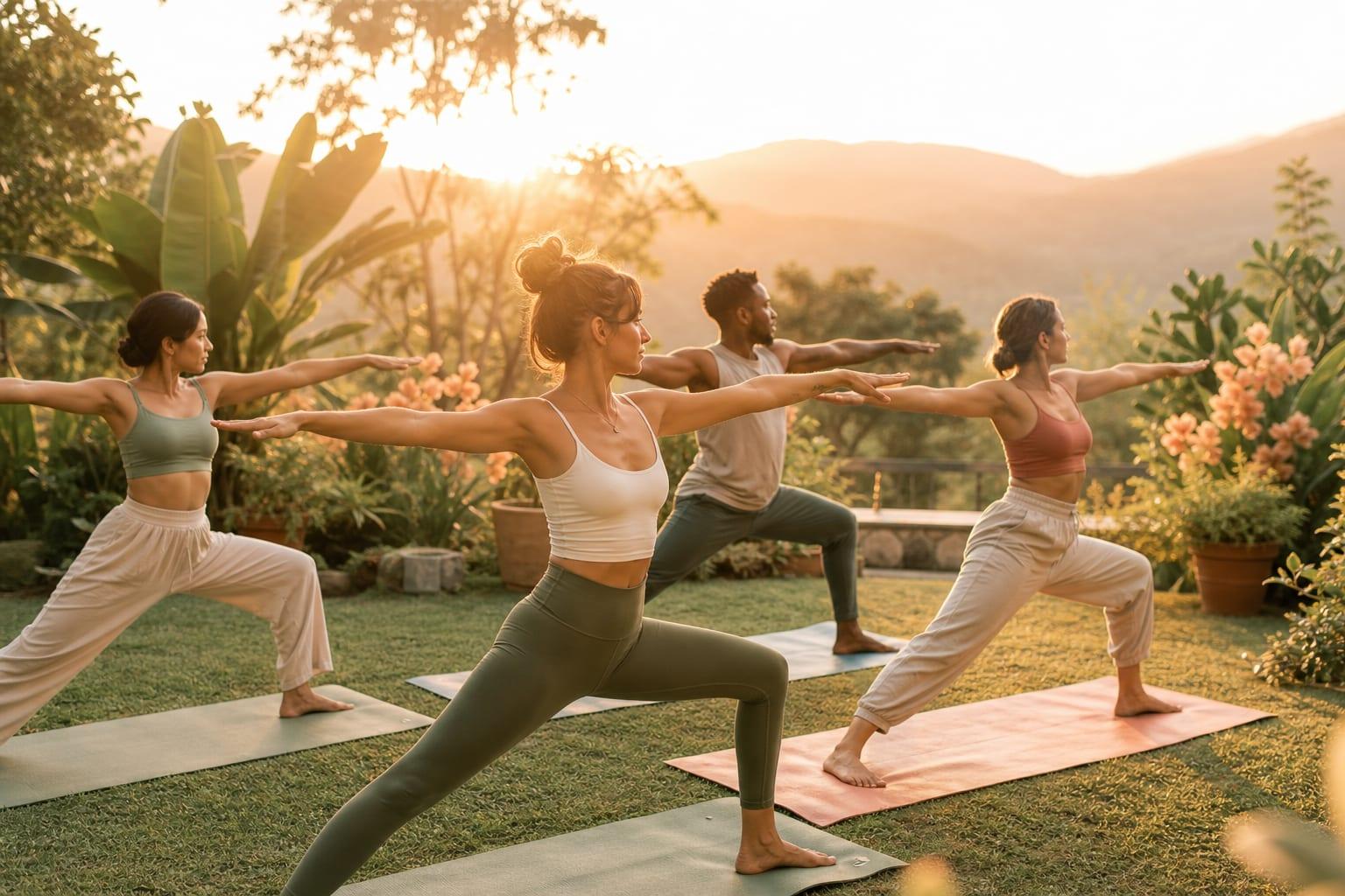 Sunrise outdoor yoga class at a customized yoga retreat with participants in warrior pose amid lush garden greenery