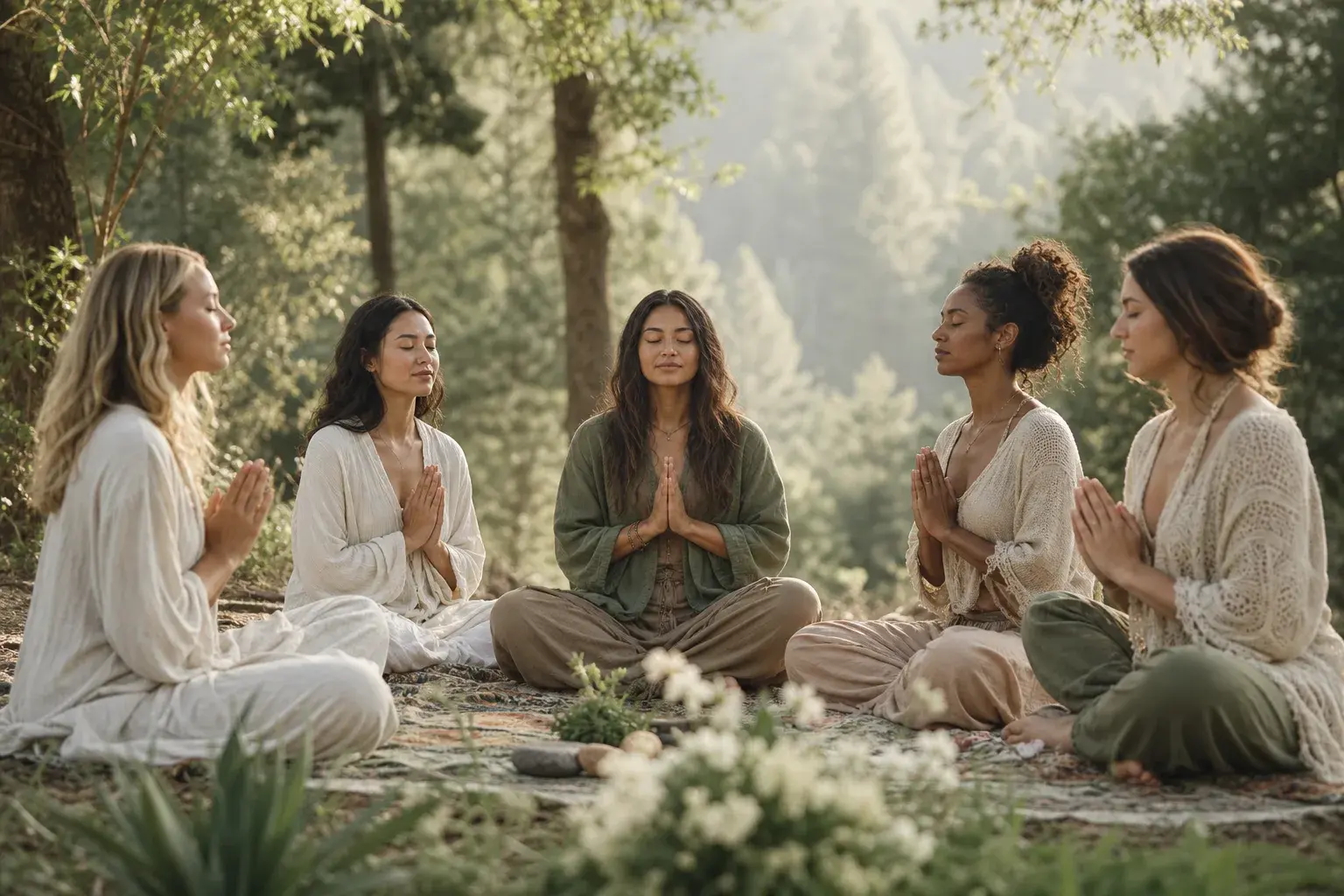 Women meditating and connecting during a customized women's retreat for wellness, mental health, and personal growth in a serene natural setting