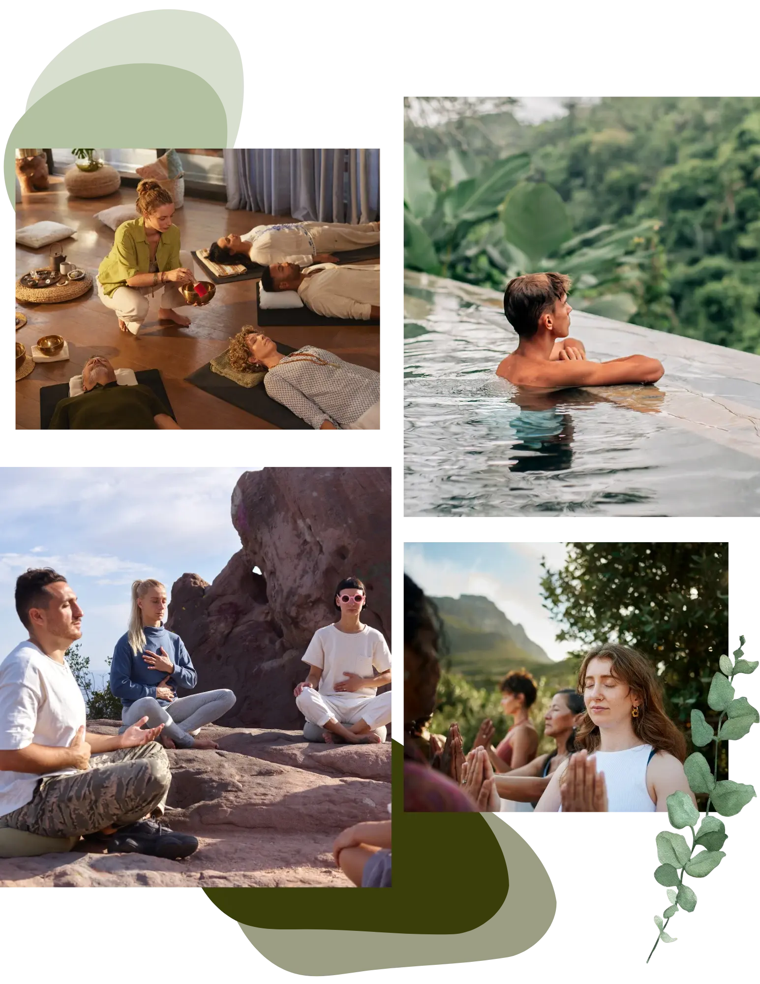 Collage of people at a health and wellness retreat practicing yoga and mindfulness outdoors.