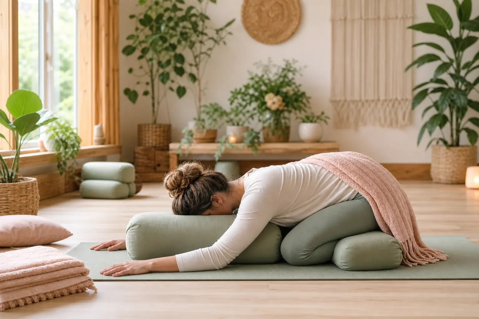Restorative yoga with bolsters at a CBT wellness yoga retreat in a cozy sunlit studio