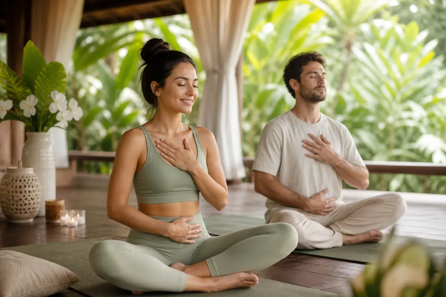 Gentle seated yoga and mindfulness practice at a CBT yoga retreat in a serene open-air wellness pavilion