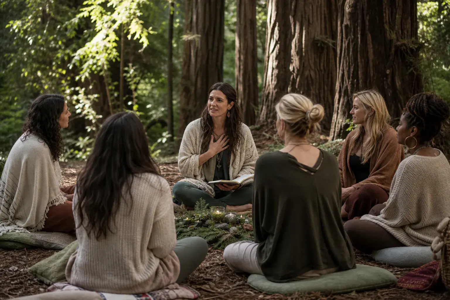 Women walking together through a peaceful landscape during a women's retreat in California emphasizing connection and nature-based healing