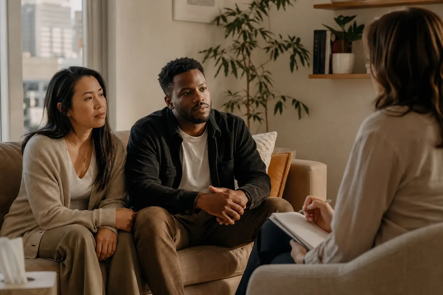 A couple sits on a sofa in a therapy office while a therapist takes notes across from them.