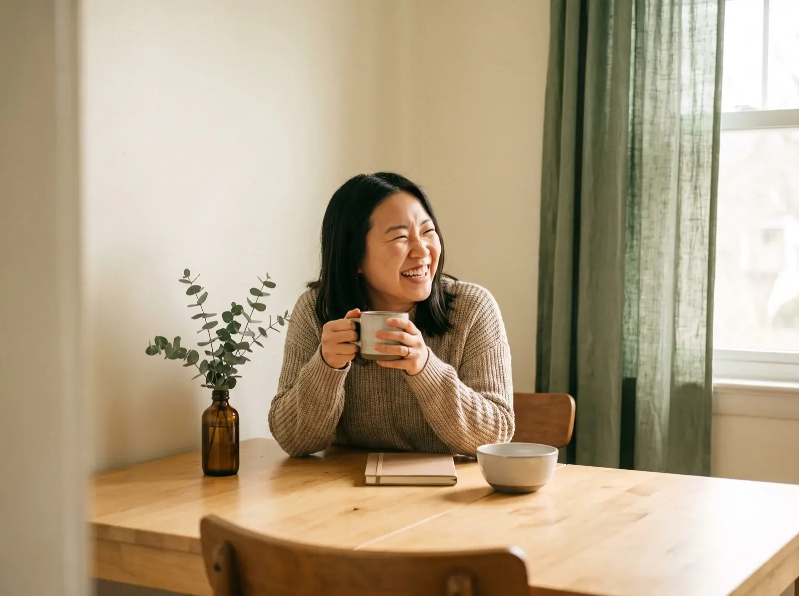 Young woman smiling at a sunlit table during a self-care moment