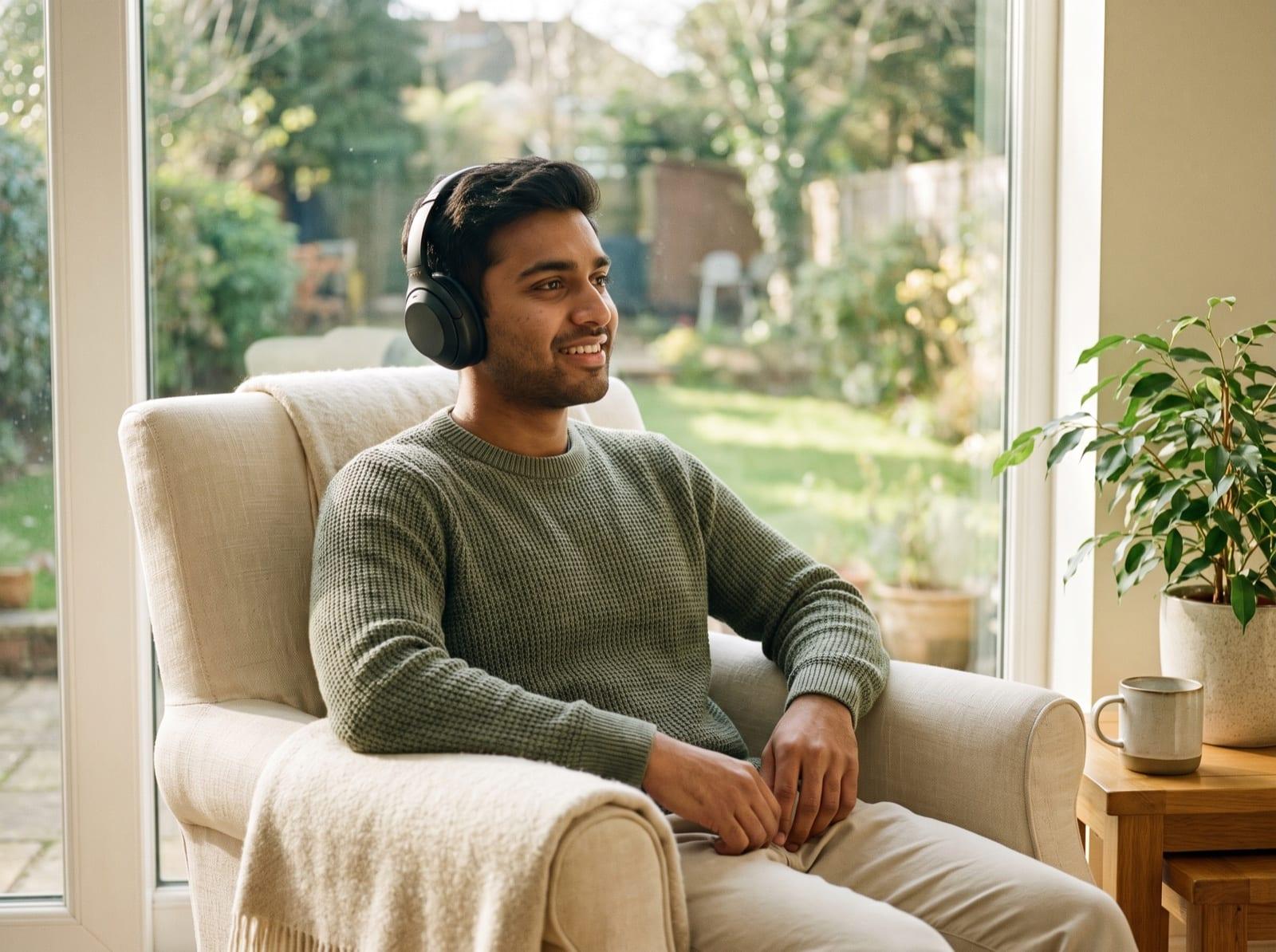 Young man smiling while listening to a guided meditation