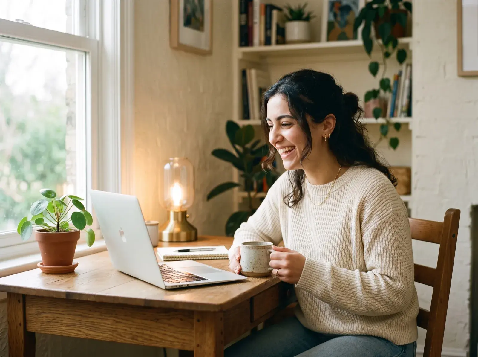 Young woman smiling while taking a self-assessment on a laptop