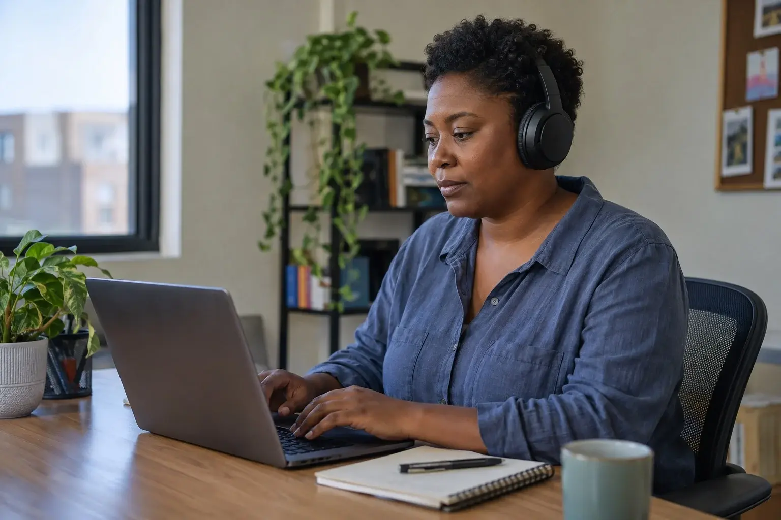 A woman wearing noise-canceling headphones works at a laptop in a quiet office, a common workplace accommodation for ADHD.