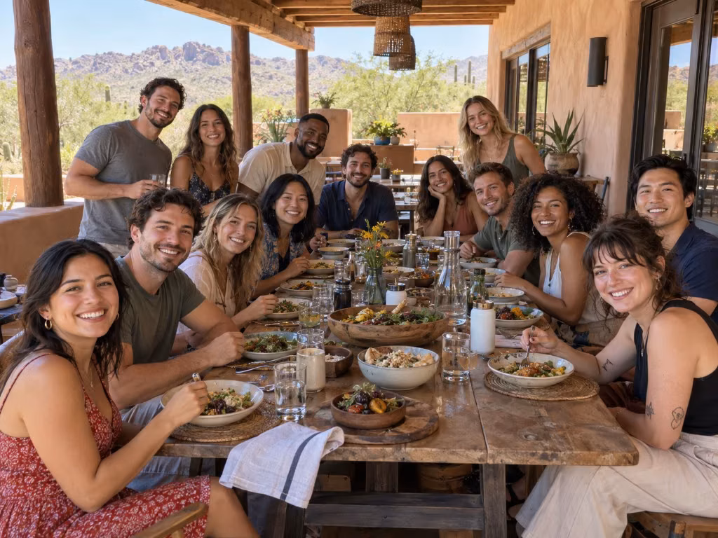 A group sharing a meal on a desert terrace during an anxiety retreat.