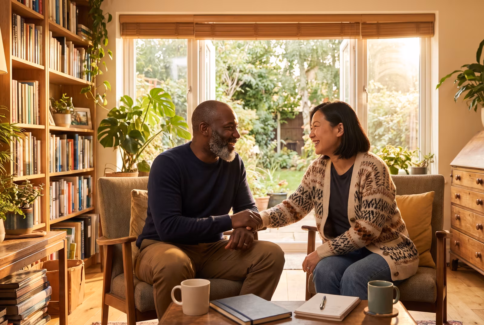 A client and therapist discussing CBT and ACT during a therapy session.