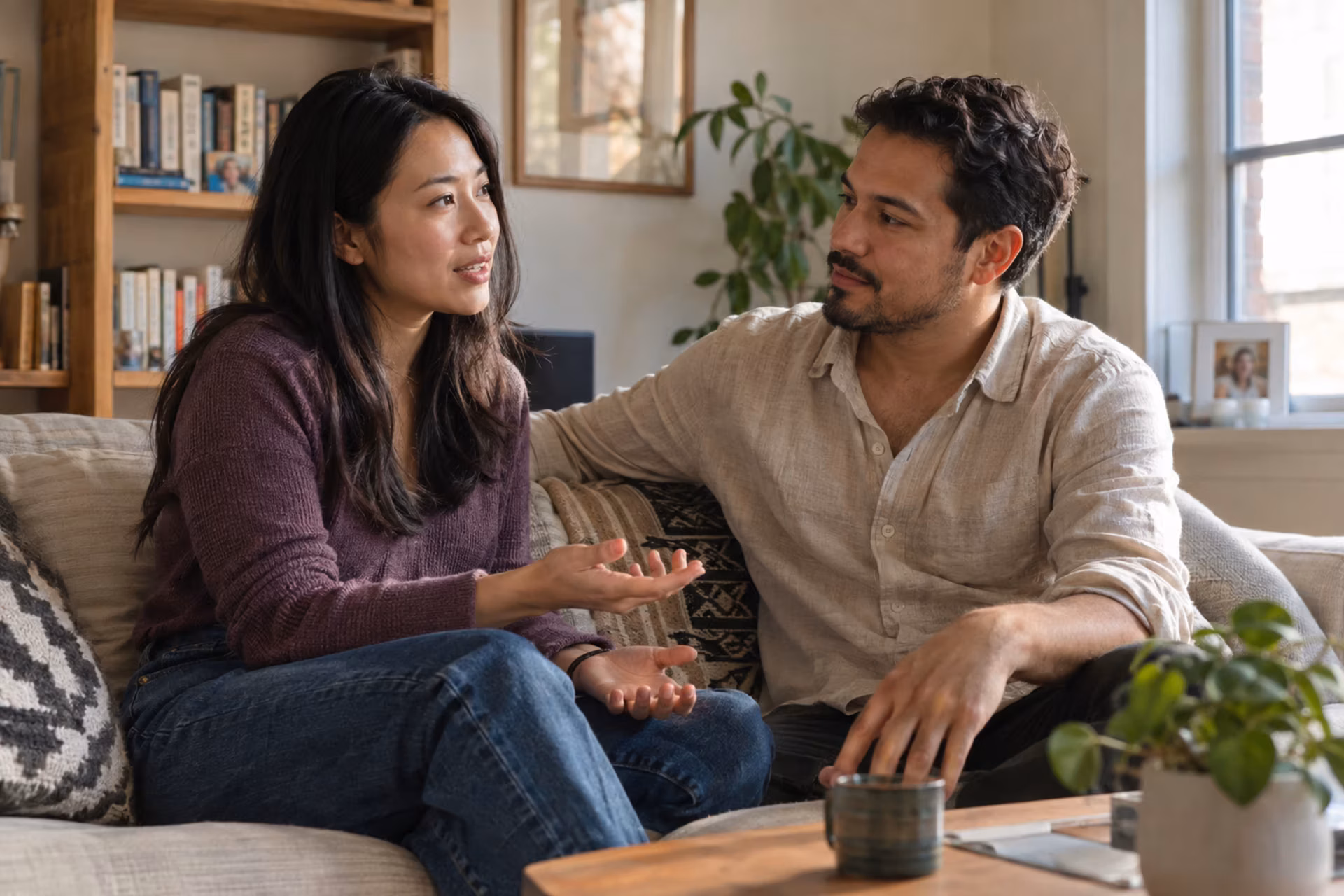 A woman in a purple sweater and a man in a linen shirt sit on a living-room sofa talking, with coffee and plants on the table.