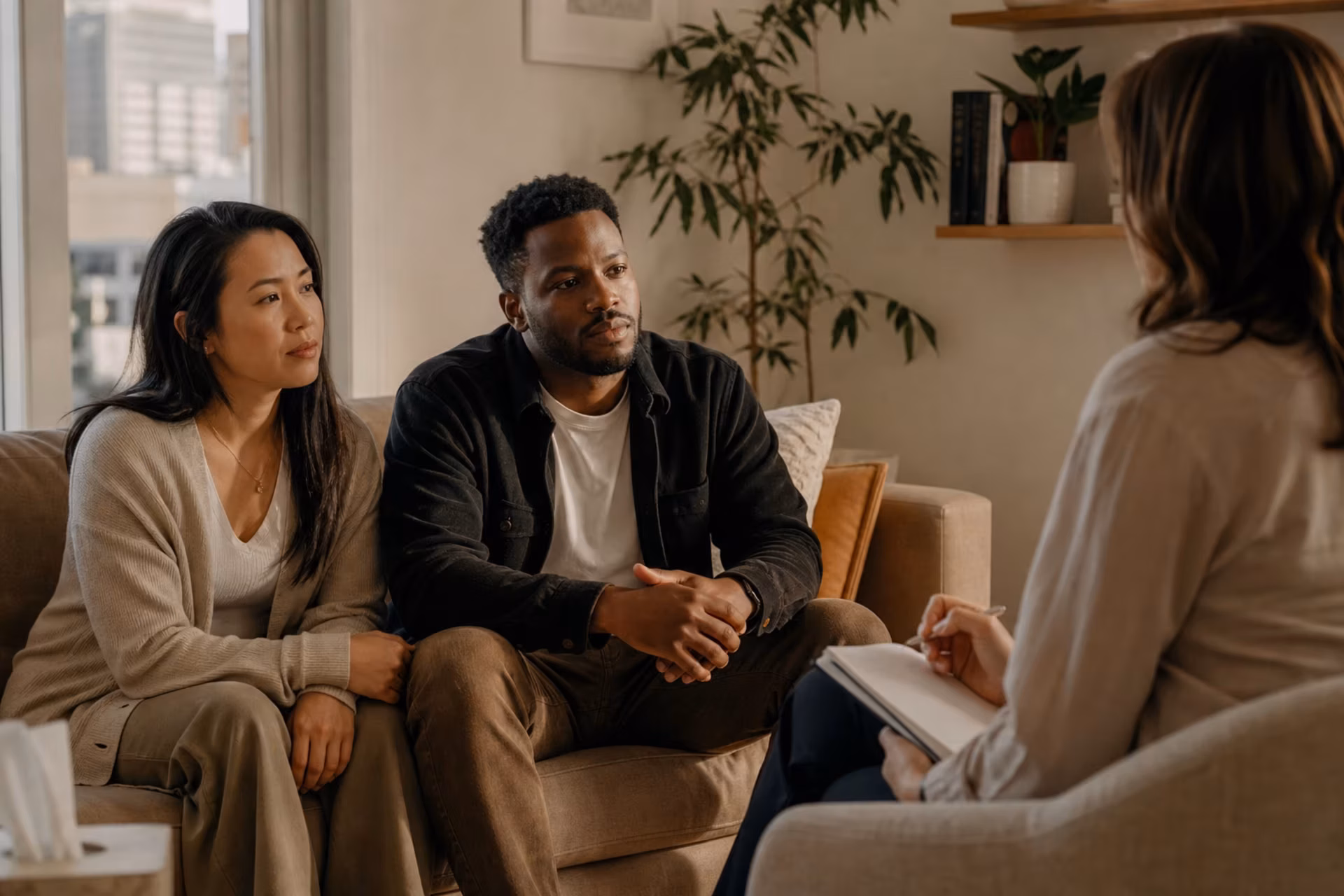 A couple sits on a sofa in a therapy office while a therapist takes notes across from them.