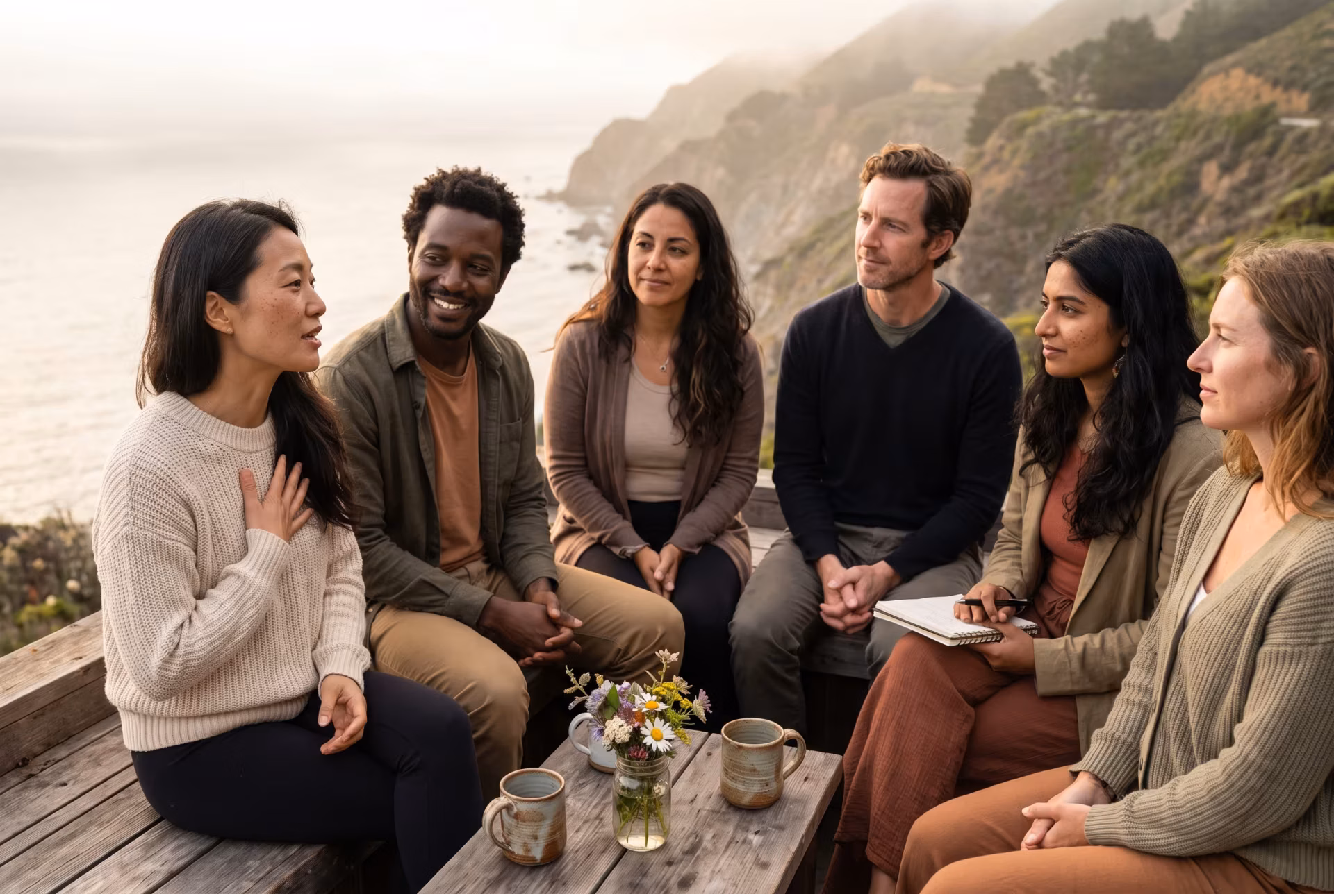 A diverse group of adults sits on a Big Sur coastal terrace after a therapeutic workshop, one woman with a hand over her heart.