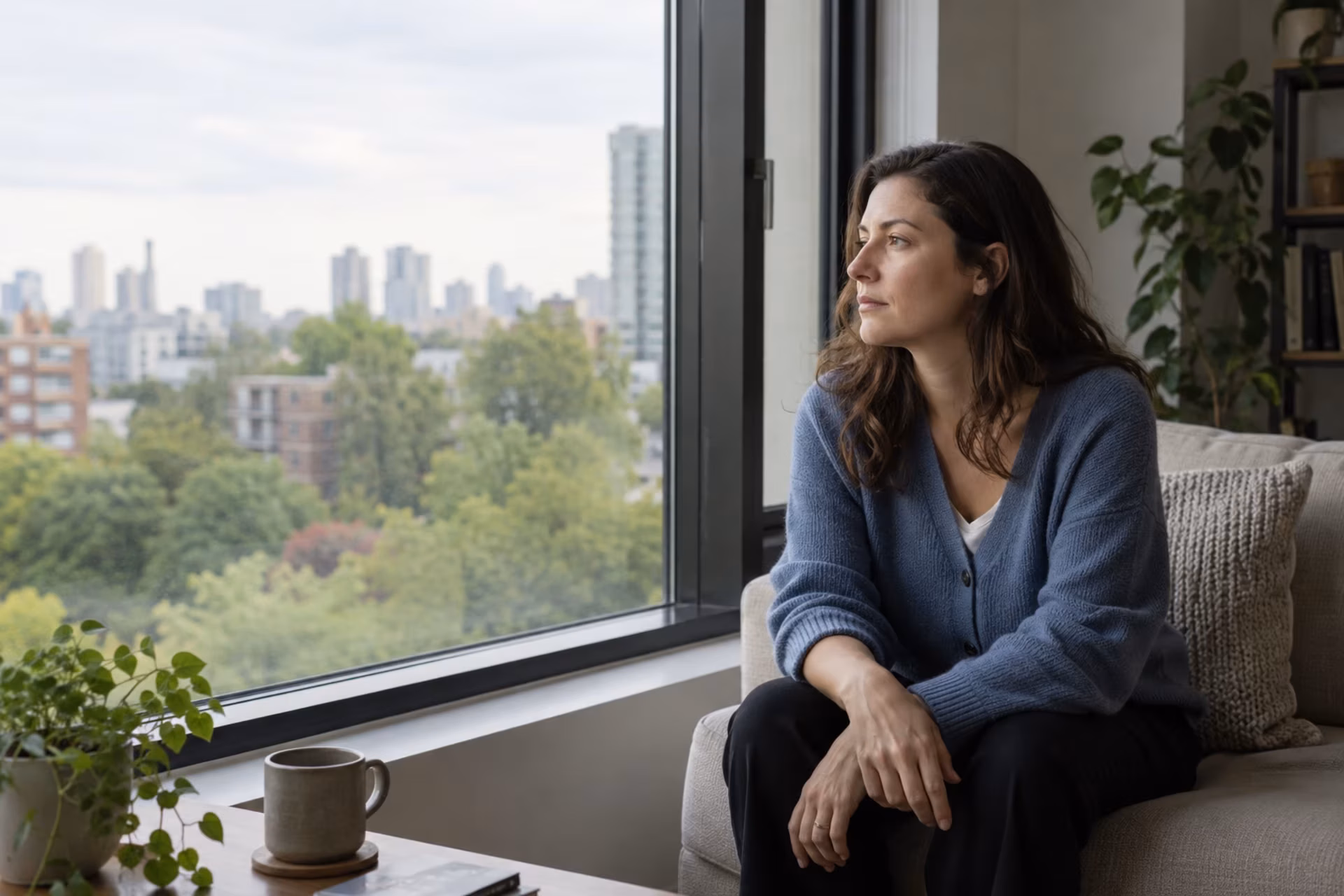 A woman sits by a large apartment window, looking out at trees and a city skyline.