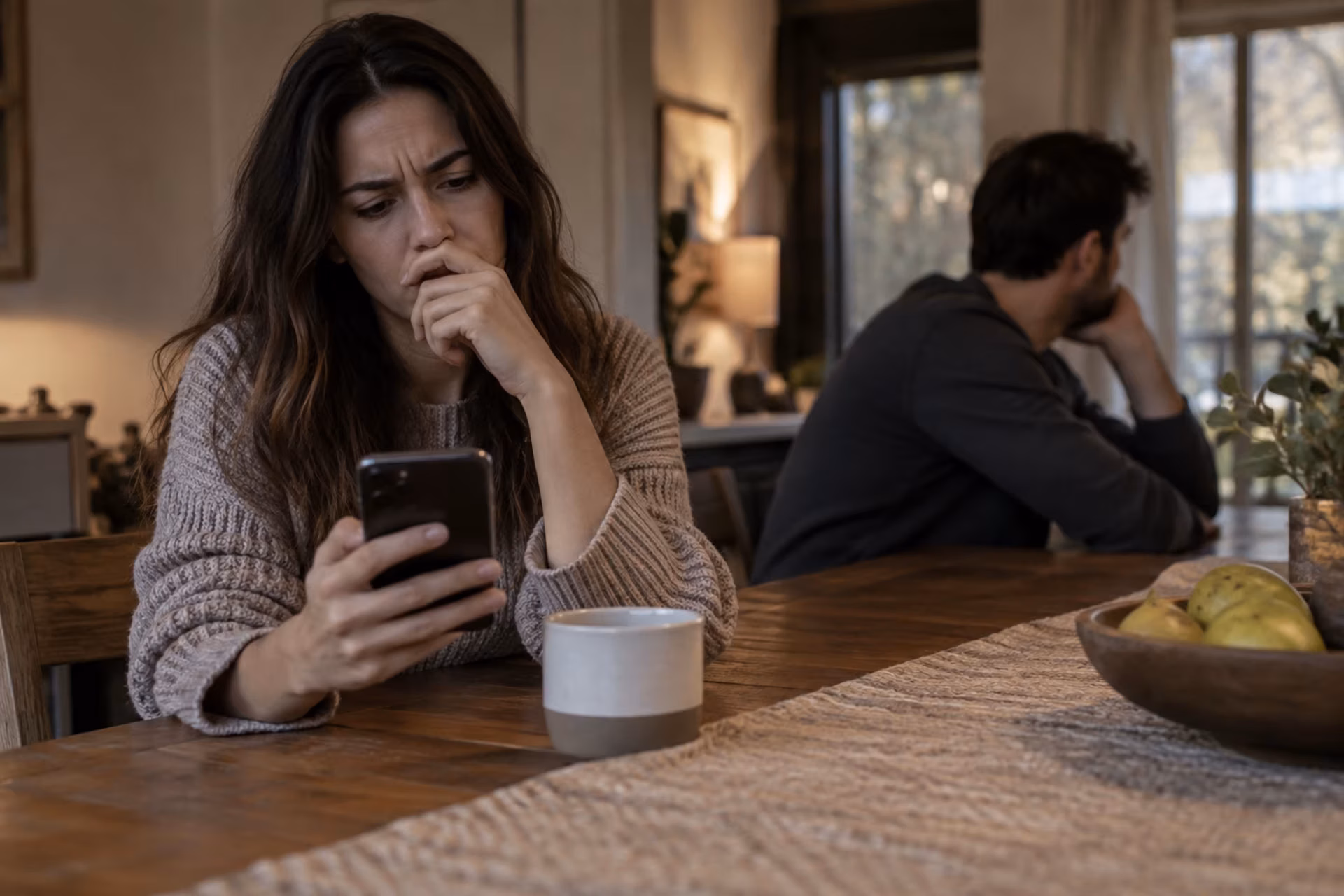 A woman looks at her phone at a table while a man sits turned away in the background.