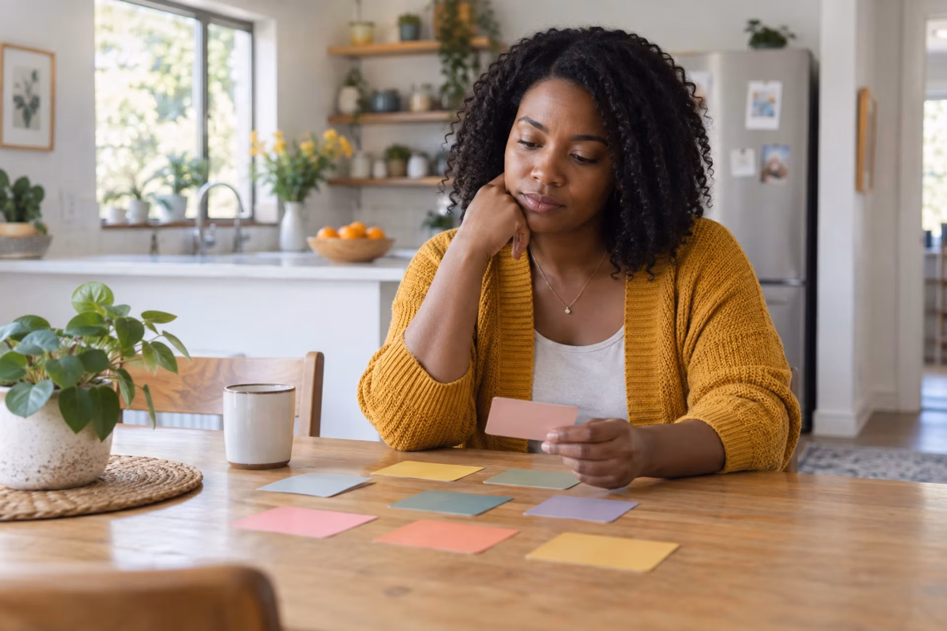 A woman sits at a kitchen table looking at colored cards, one hand on her chin.