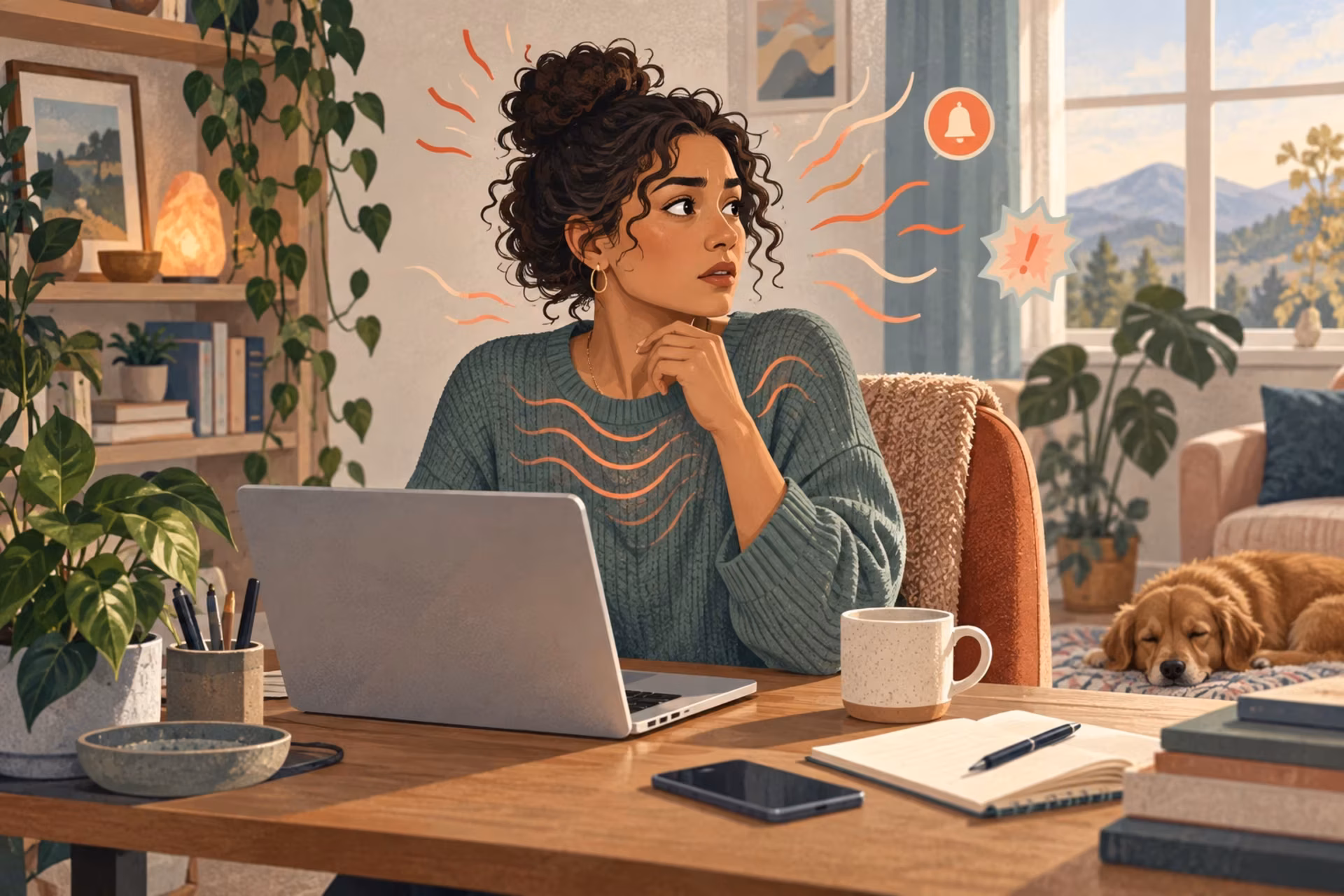 A woman works at a laptop in a calm room while orange alert marks show her nervous system on high alert.