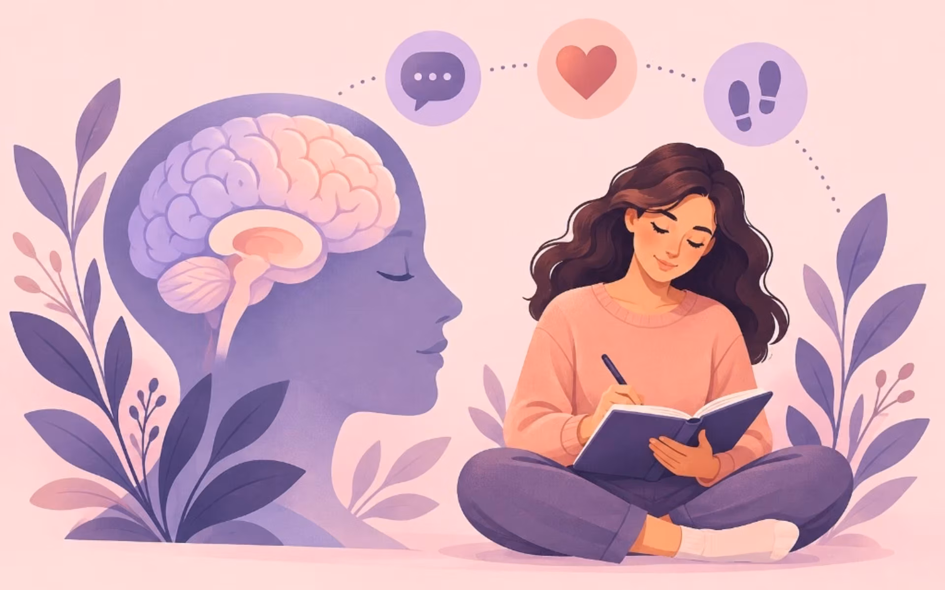 A woman journals beside a profile silhouette with a brain, plus icons for thought, feeling, and action.