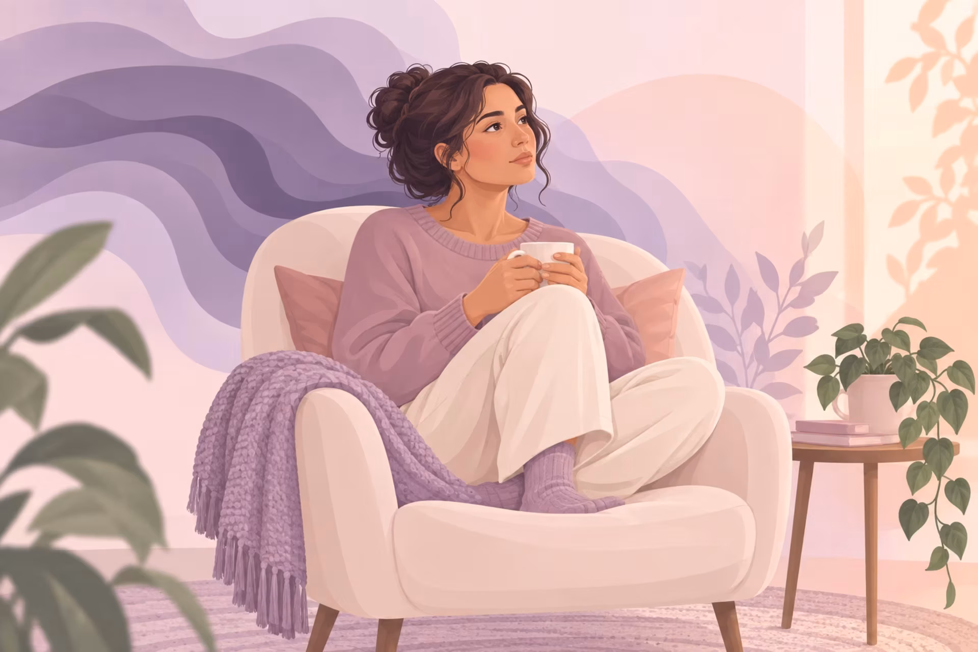 A woman sits in a cream armchair with a mug, looking upward in a calm lavender room.