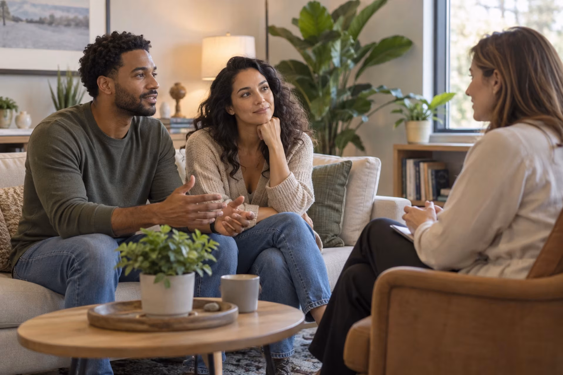 A couple sits on a sofa talking with a therapist in a bright office.
