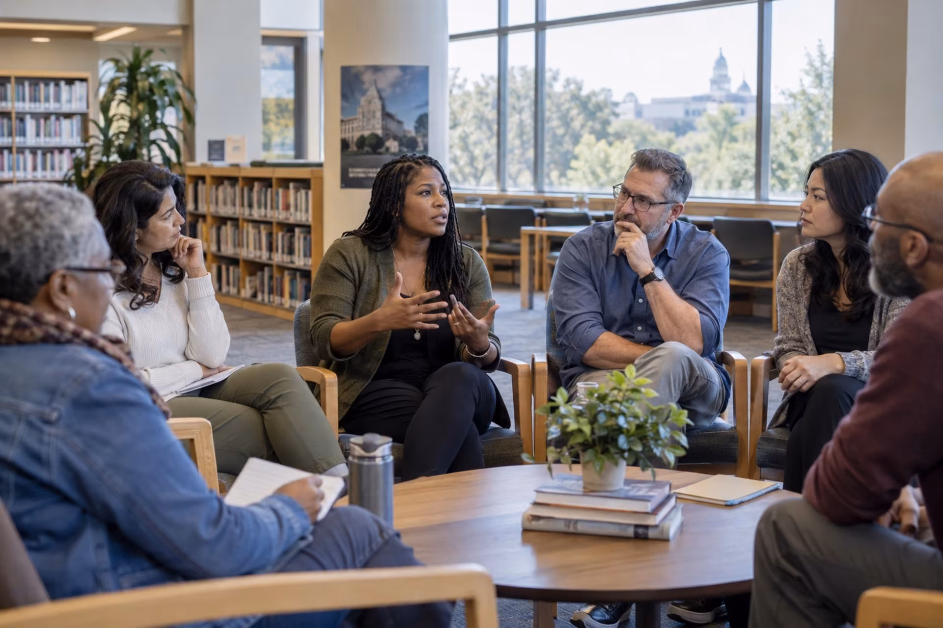A diverse group sits in a circle in a bright library, listening as one woman speaks and gestures.