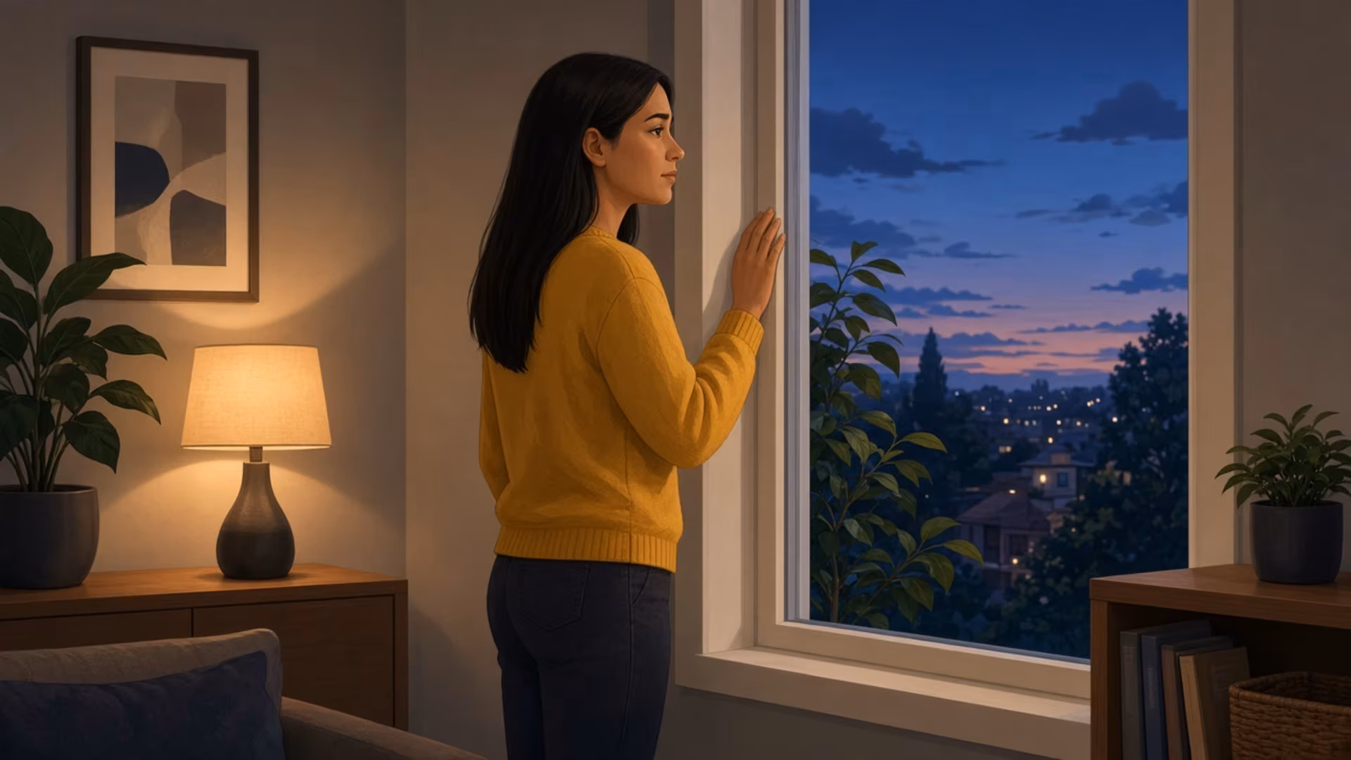 A woman stands by a window at dusk reflecting on conflicting loyalty after abuse, looking for Stockholm Syndrome help near me.