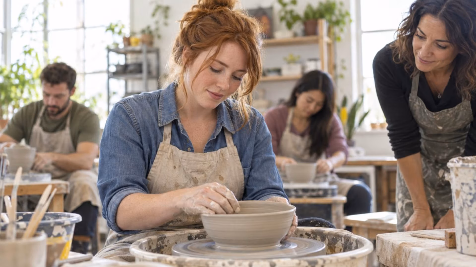 A woman throws a clay bowl on a pottery wheel while an instructor looks on, trying a new hobby to work through boredom.