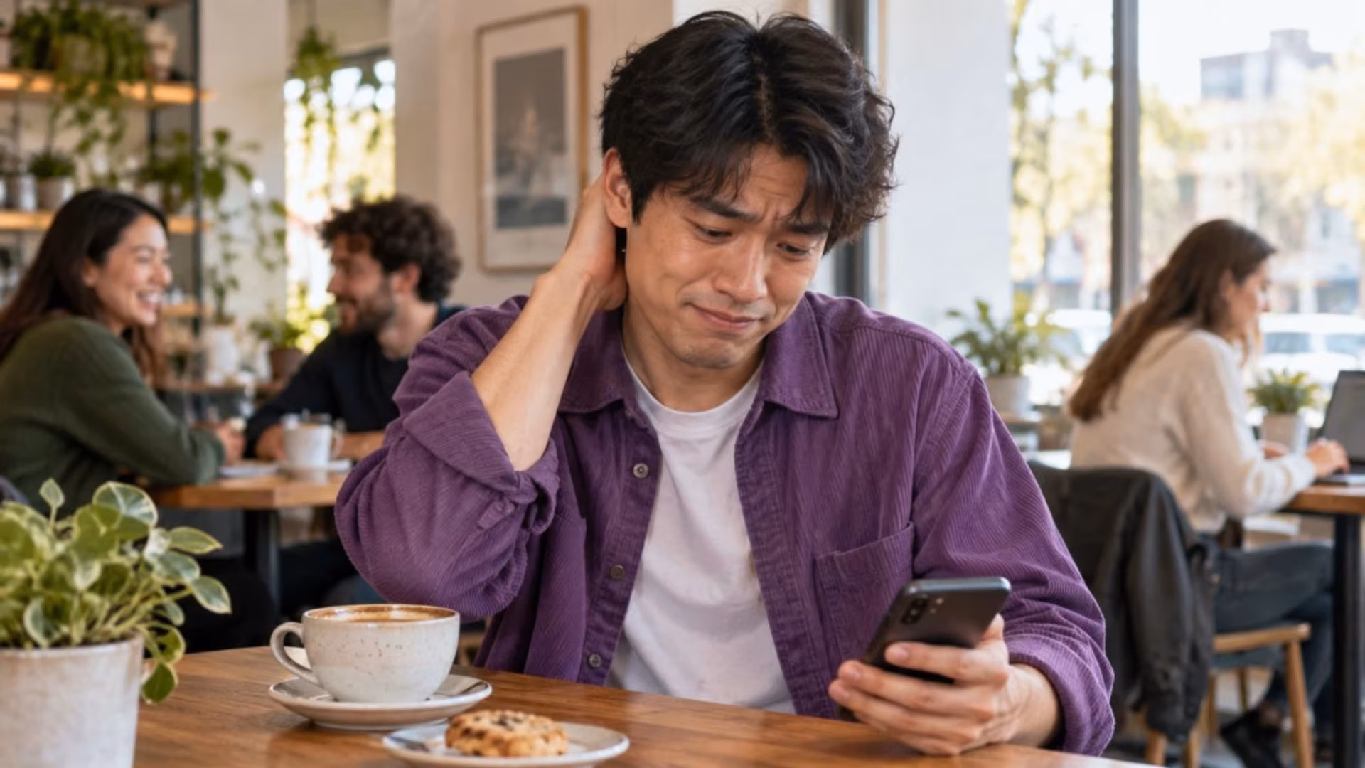 A man at a cafe stares at his phone with his hand on his neck, flushed after seeing something embarrassing online.
