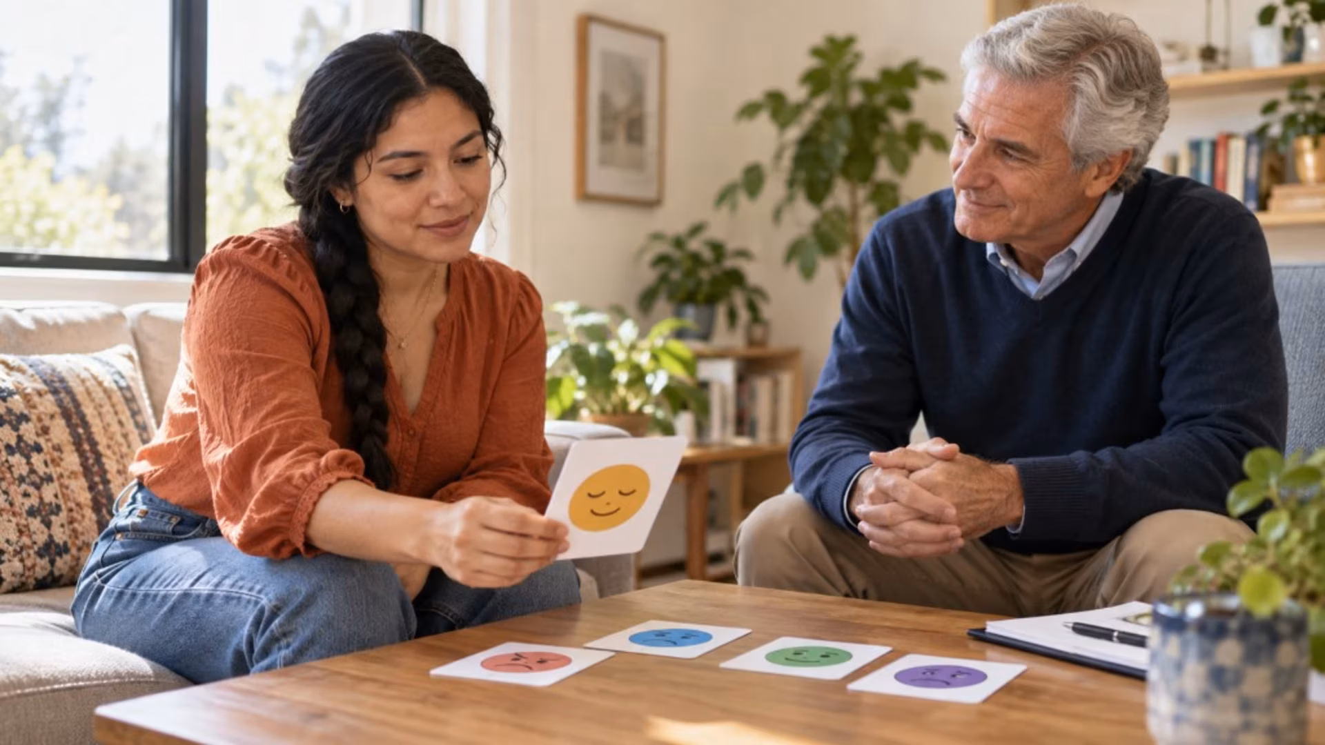 A young woman holds a calm-face card while a therapist sits across from emotion cards on the table.