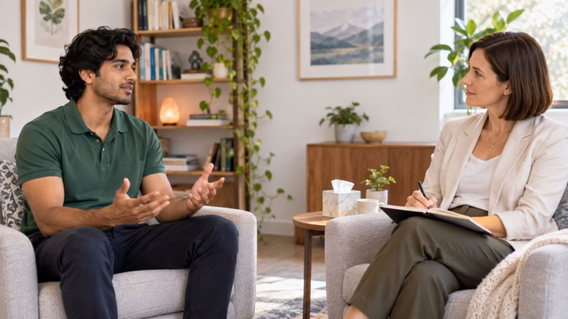 A man talks with his hands while a therapist takes notes during a ketamine-assisted psychotherapy session.