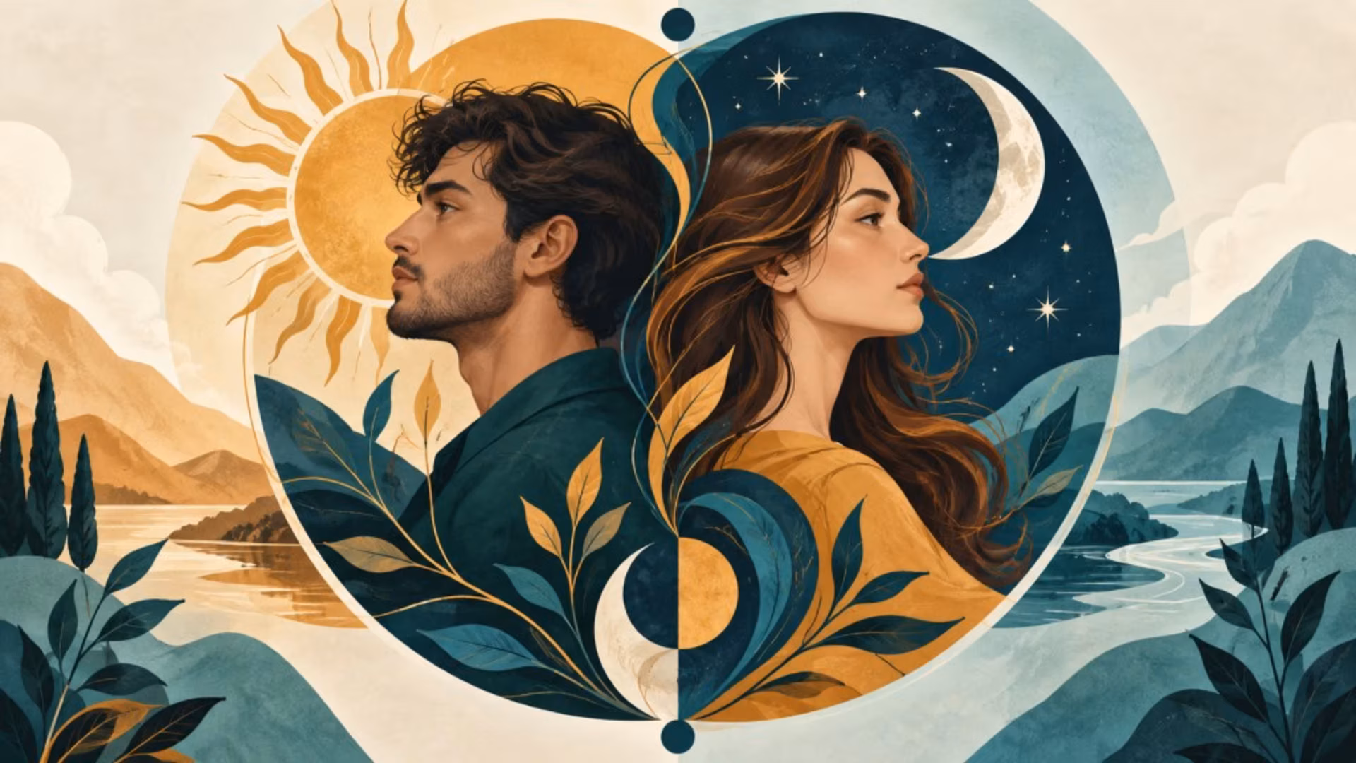 An illustration of a man and woman in profile inside a sun-and-moon circle, showing Jung’s anima and animus.
