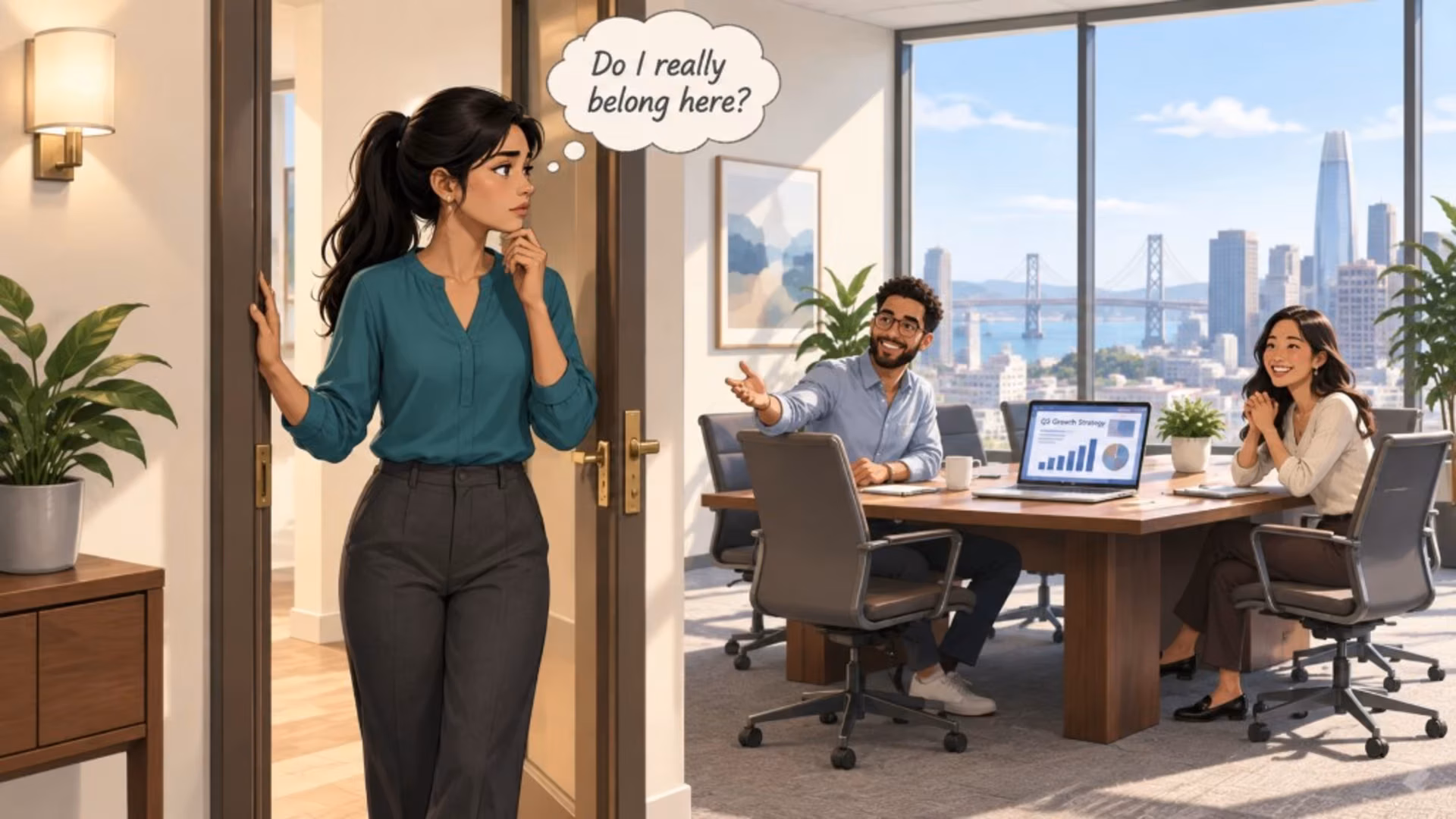 A woman pauses in an office doorway, wondering if she belongs, while colleagues wait at a conference table.