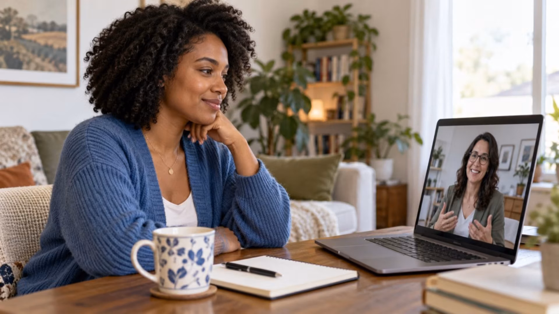 A woman at home joins an online ketamine-assisted psychotherapy session on her laptop.