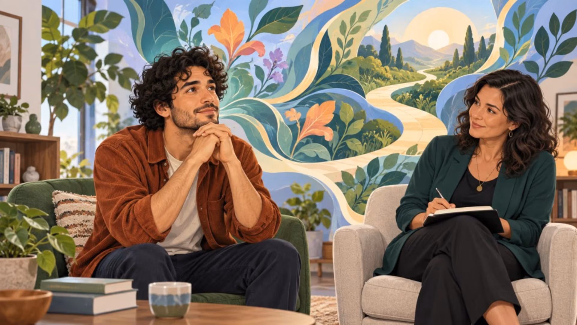 A client and therapist sit in session with a mural of a winding path behind them, suggesting inner work in psychedelic-assisted psychotherapy.