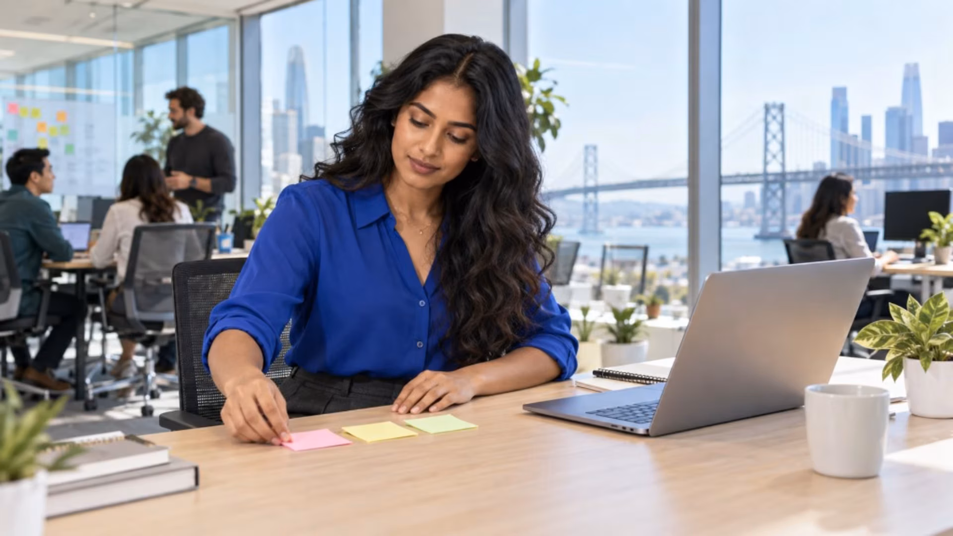 Goals for work: arranging priorities on sticky notes while looking out at the San Francisco Bay