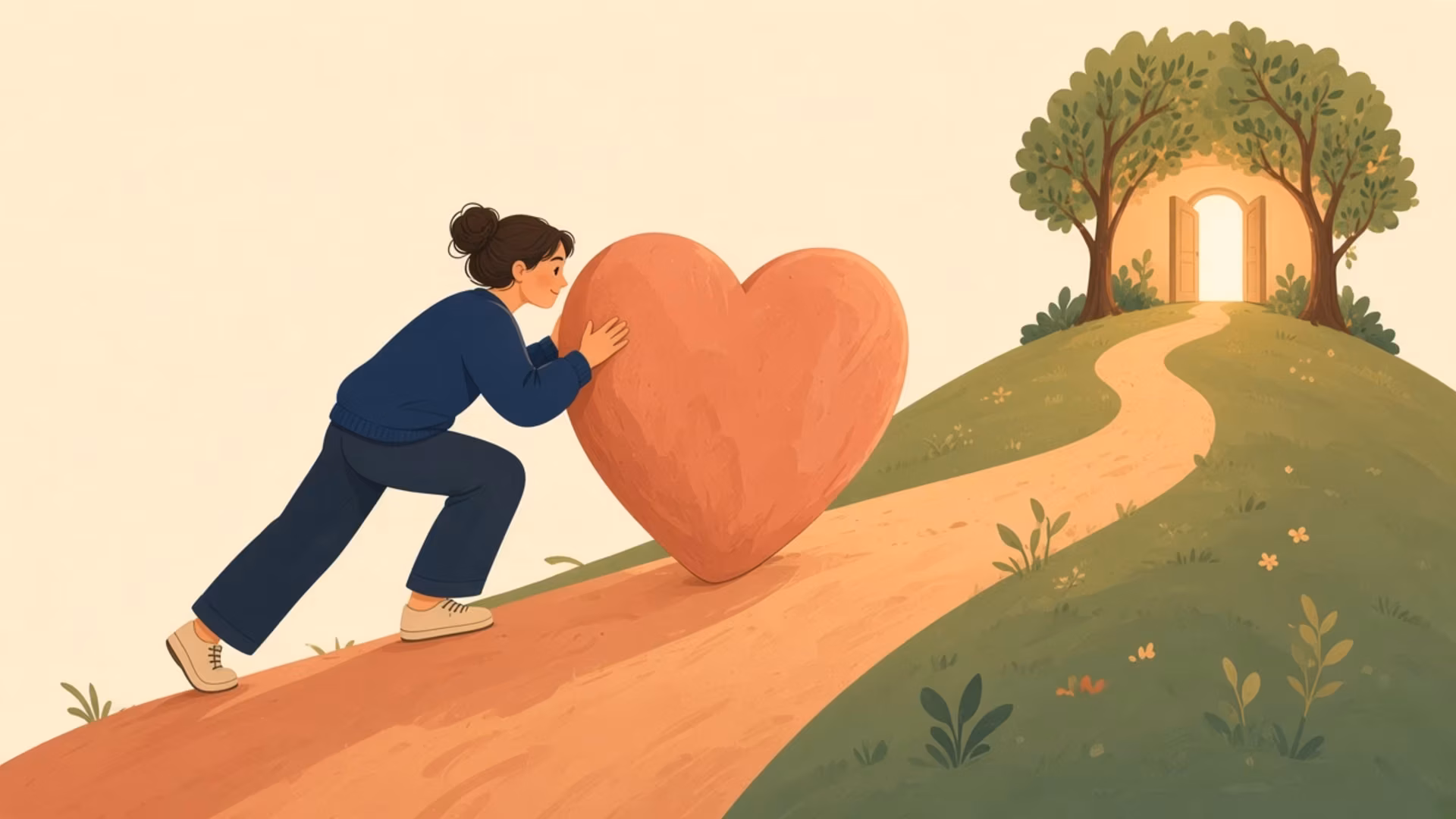 Masochist meaning in psychology: a person pushing a heart-shaped burden uphill toward an open path