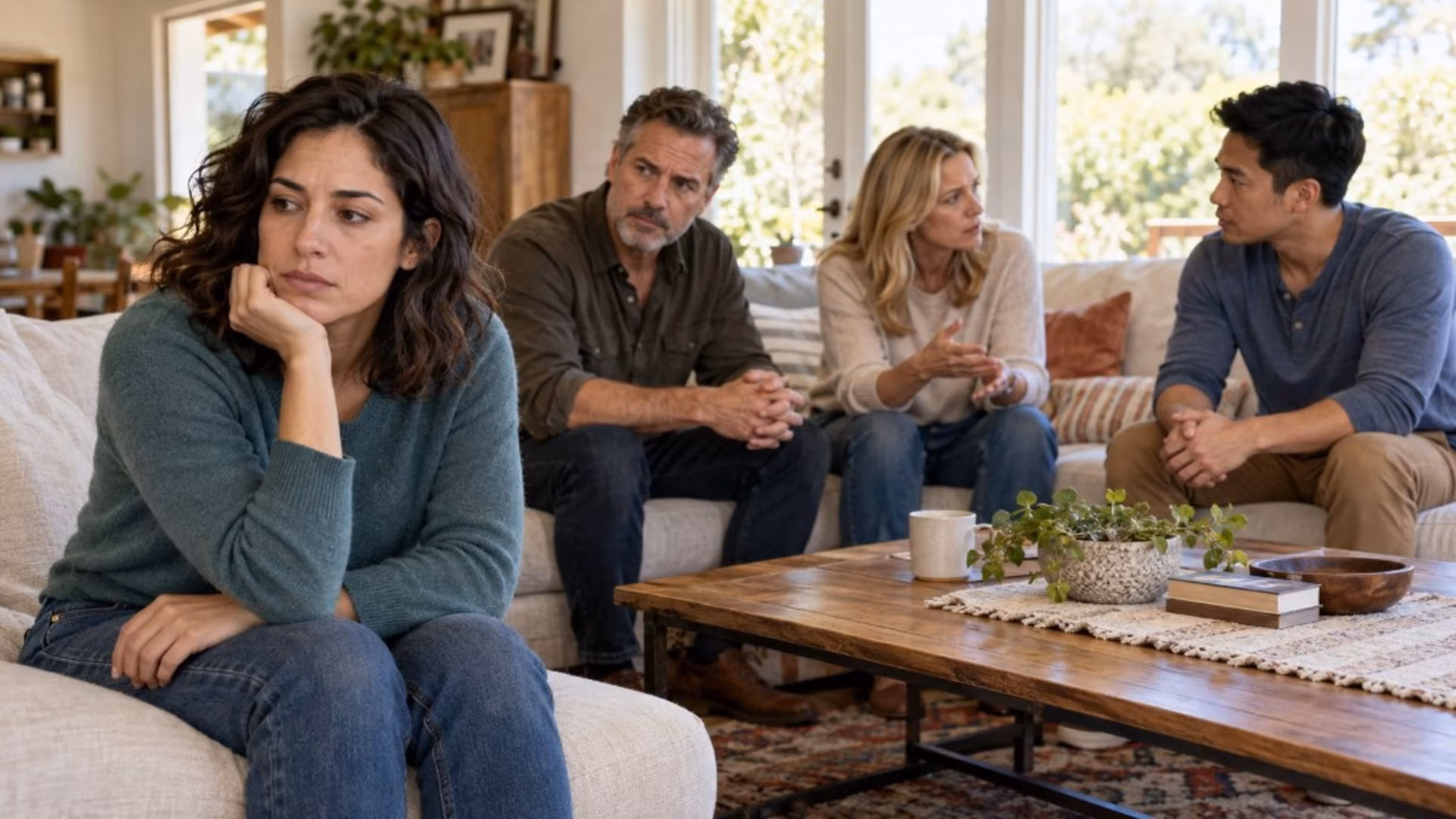 The family scapegoat: a woman sits apart on a couch while three relatives talk together behind her.