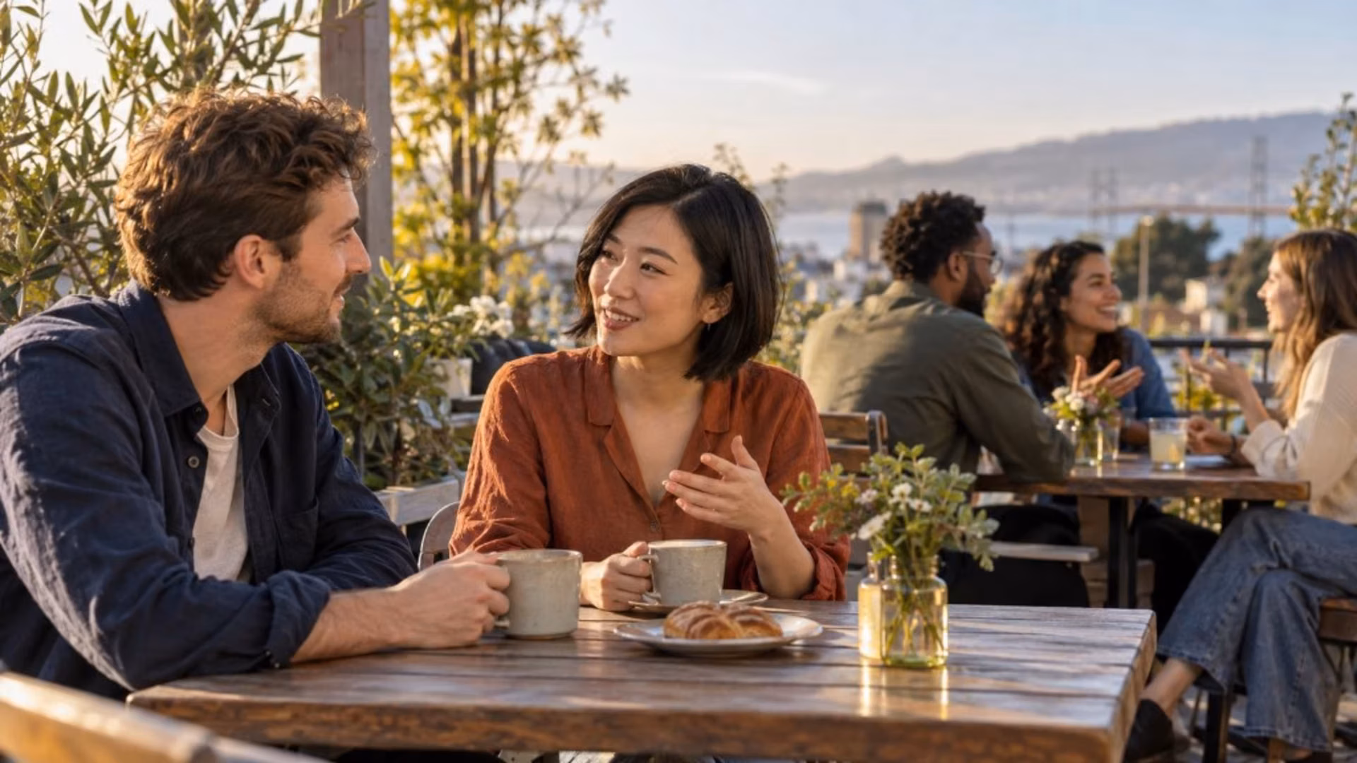 Introvert vs extrovert at a sunny cafe: a couple talks one-on-one while a group socializes behind them, with the bay and a bridge in the distance