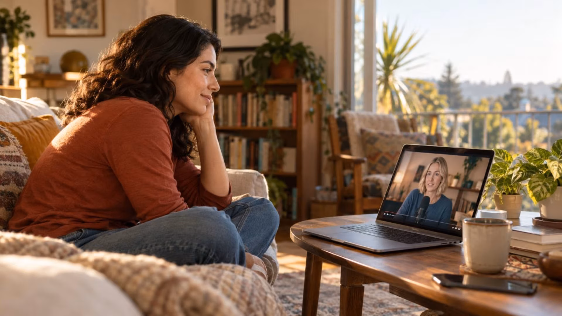 A woman on a couch watches a creator speak on a laptop, the feeling of a parasocial relationship that seems like a real conversation