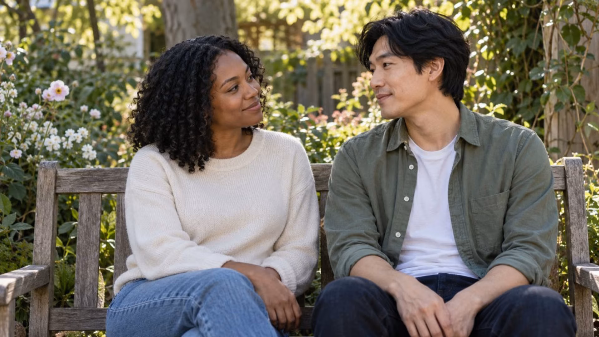Two people sit close on a garden bench and look at each other, the emotional intimacy that comes before demisexual attraction