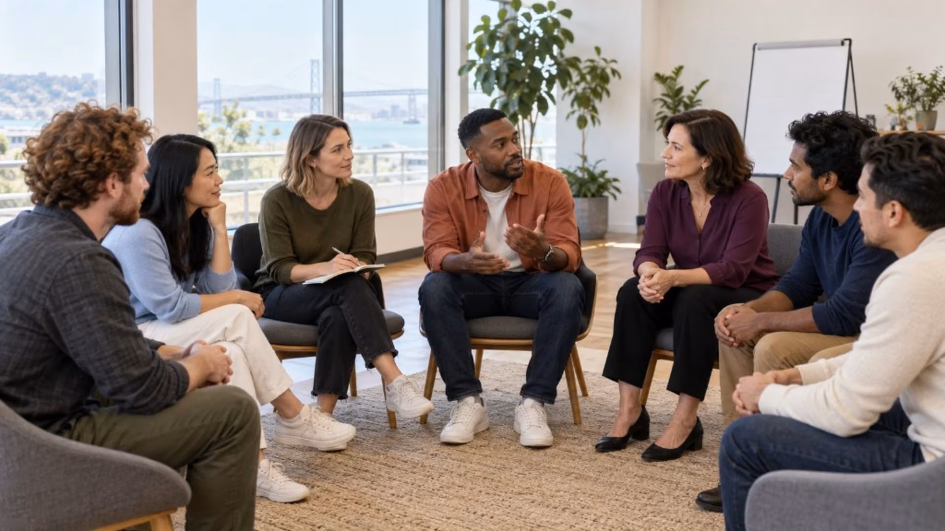 Eight colleagues sit in a circle of chairs for a discussion, with the Bay Bridge visible through the windows