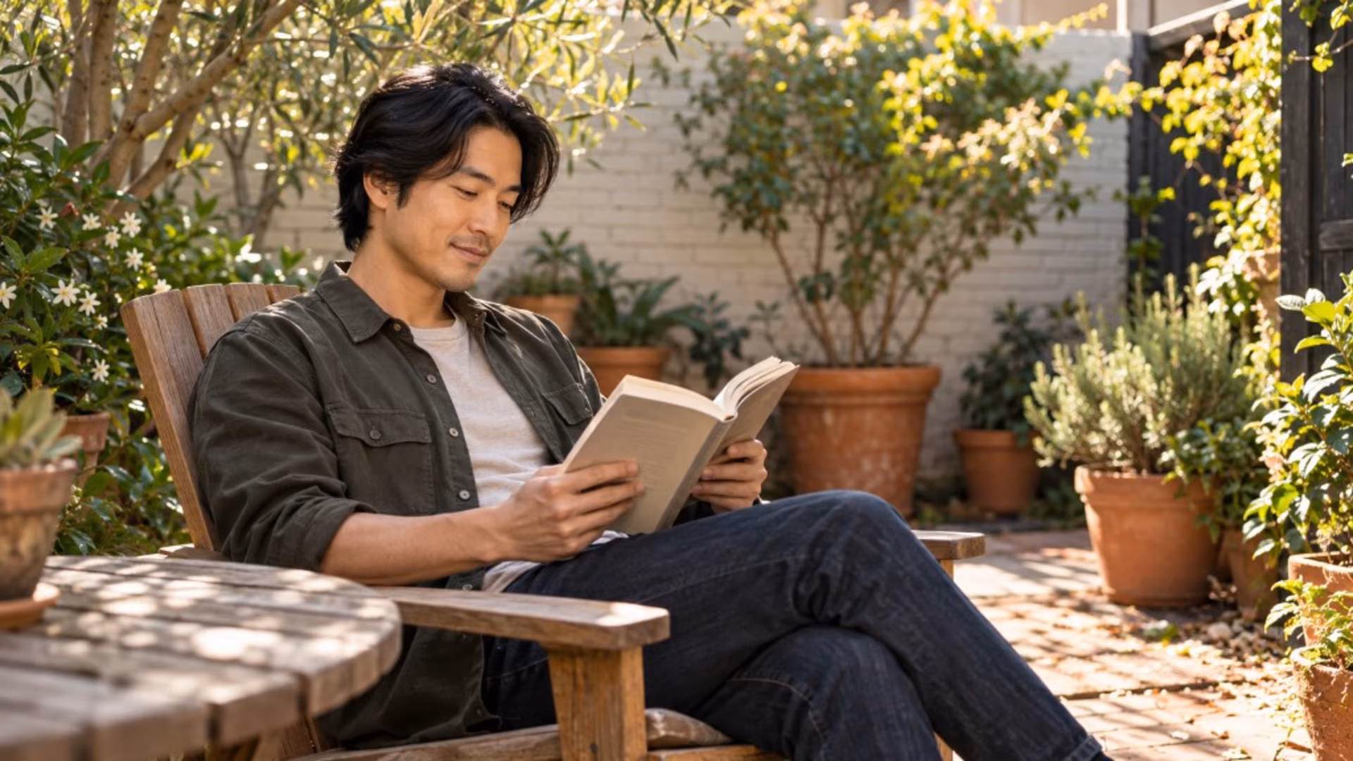 A man in an olive shirt reads a book in a wooden garden chair, surrounded by potted plants in afternoon sun